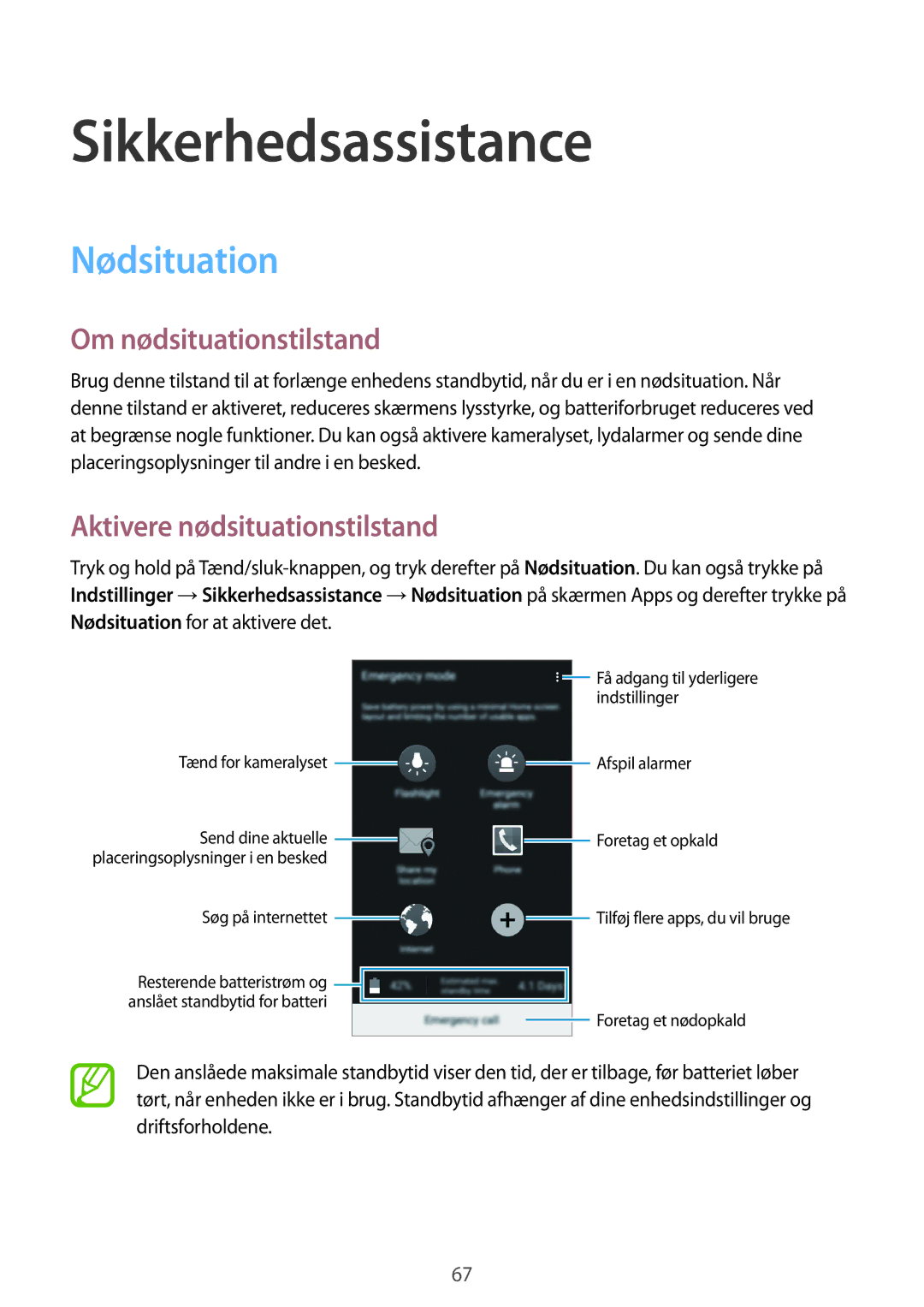 Samsung SM-A300FZWUHTS manual Sikkerhedsassistance, Nødsituation, Om nødsituationstilstand, Aktivere nødsituationstilstand 