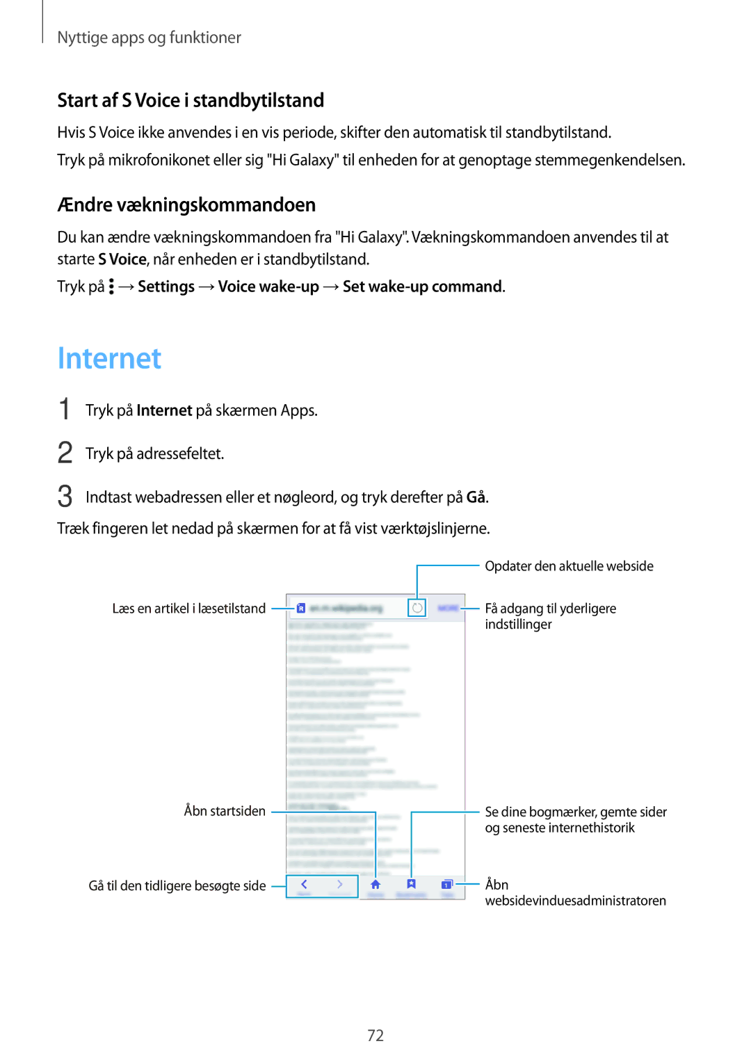 Samsung SM-A300FZSUTEN, SM-A300FZKUNEE manual Internet, Start af S Voice i standbytilstand, Ændre vækningskommandoen 