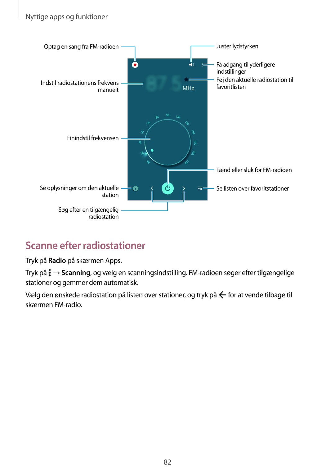 Samsung SM-A300FZKANEE, SM-A300FZKUNEE, SM-A300FZWUTEN manual Scanne efter radiostationer, Tryk på Radio på skærmen Apps 