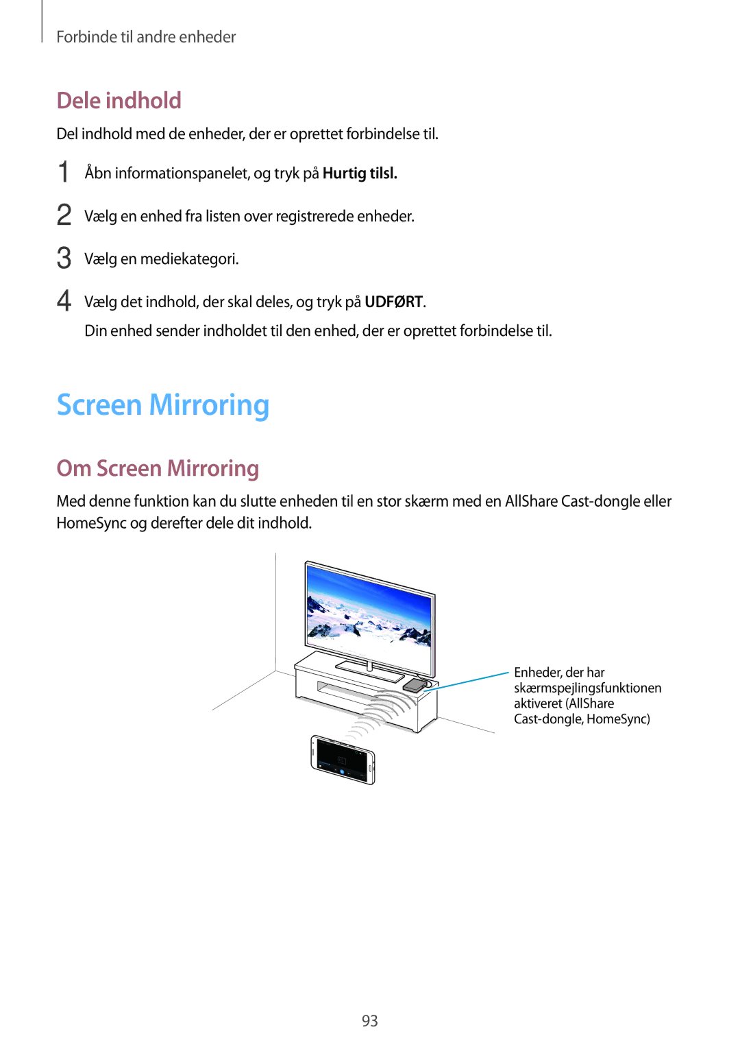 Samsung CG-A300FZWRNEE, SM-A300FZKUNEE, SM-A300FZWUTEN, SM-A300FZSUNEE, SM-A300FZBUNEE Dele indhold, Om Screen Mirroring 