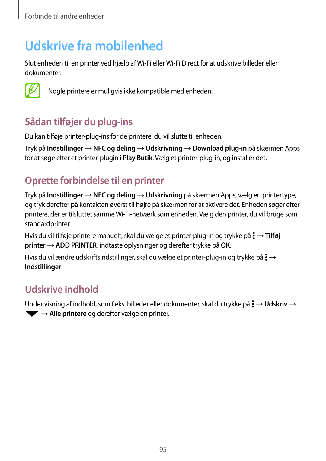 Samsung SM-A300FZWANEE manual Udskrive fra mobilenhed, Sådan tilføjer du plug-ins, Oprette forbindelse til en printer 