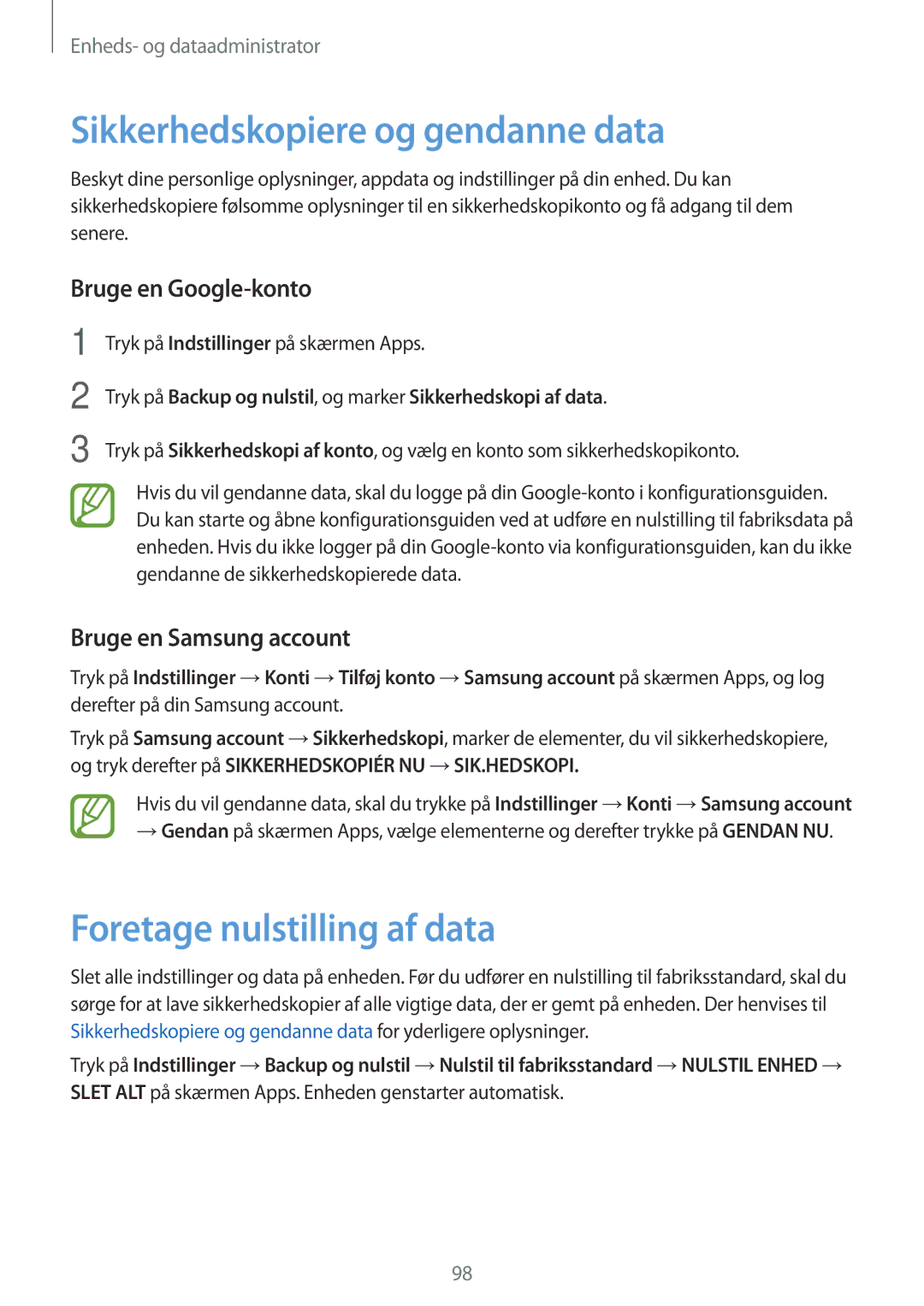 Samsung SM-A300FZWUNEE manual Sikkerhedskopiere og gendanne data, Foretage nulstilling af data, Bruge en Google-konto 