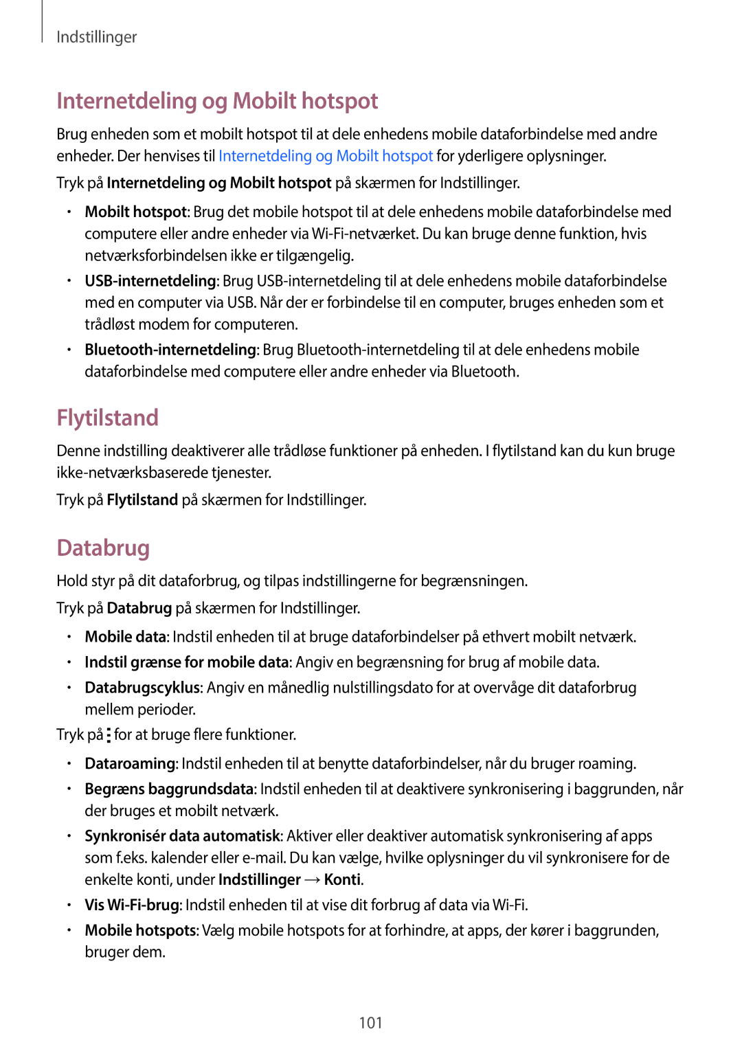 Samsung SM-A300FZWUHTS, SM-A300FZKUNEE, SM-A300FZWUTEN manual Internetdeling og Mobilt hotspot, Flytilstand, Databrug 