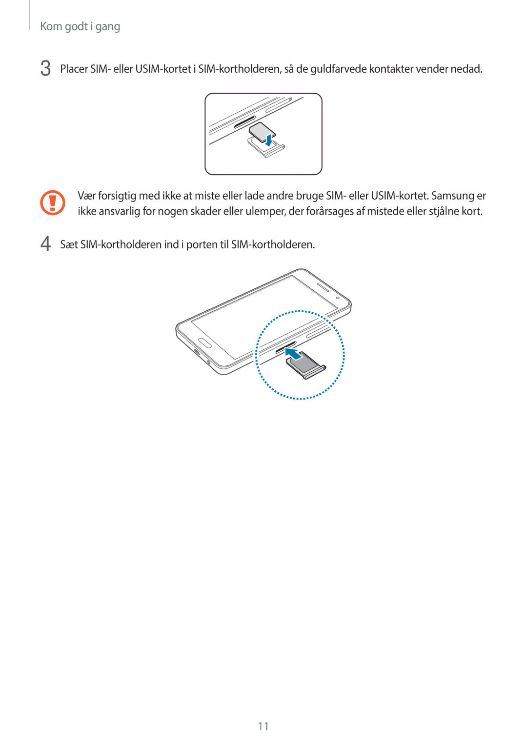 Samsung CG-A300FZKRNEE, SM-A300FZKUNEE, SM-A300FZWUTEN manual Sæt SIM-kortholderen ind i porten til SIM-kortholderen 