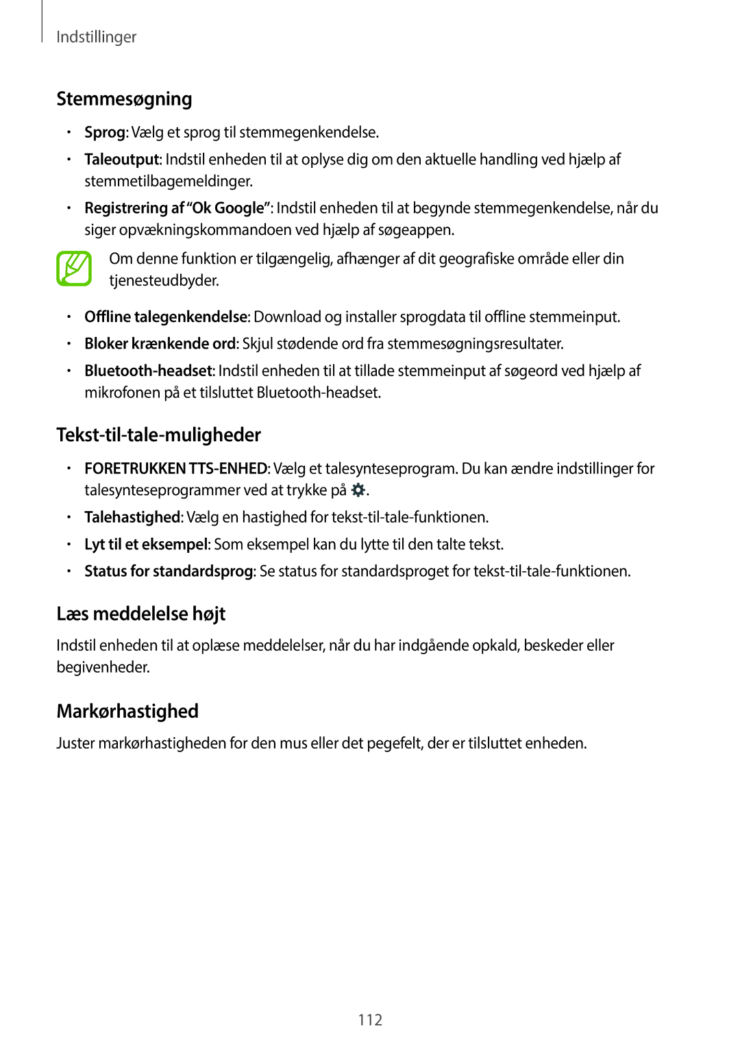 Samsung SM-A300FZWANEE, SM-A300FZKUNEE manual Stemmesøgning, Tekst-til-tale-muligheder, Læs meddelelse højt, Markørhastighed 