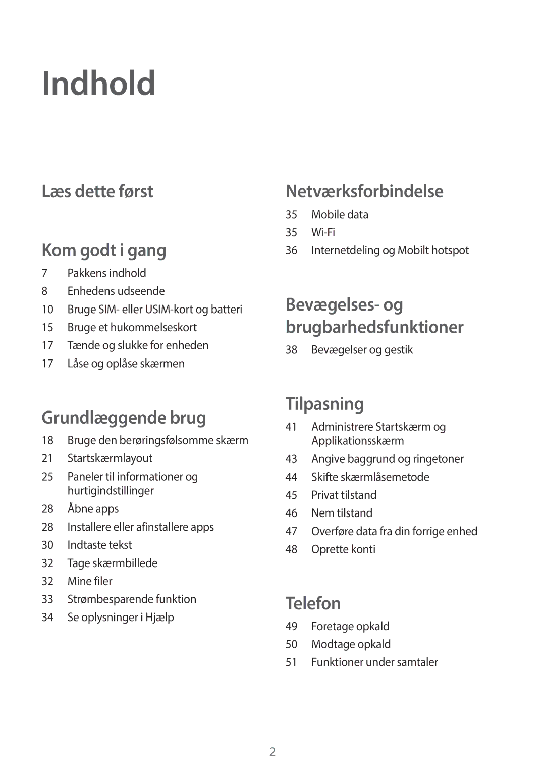 Samsung SM-A300FZSUNEE, SM-A300FZKUNEE, SM-A300FZWUTEN, SM-A300FZBUNEE manual Indhold, Læs dette først Kom godt i gang 