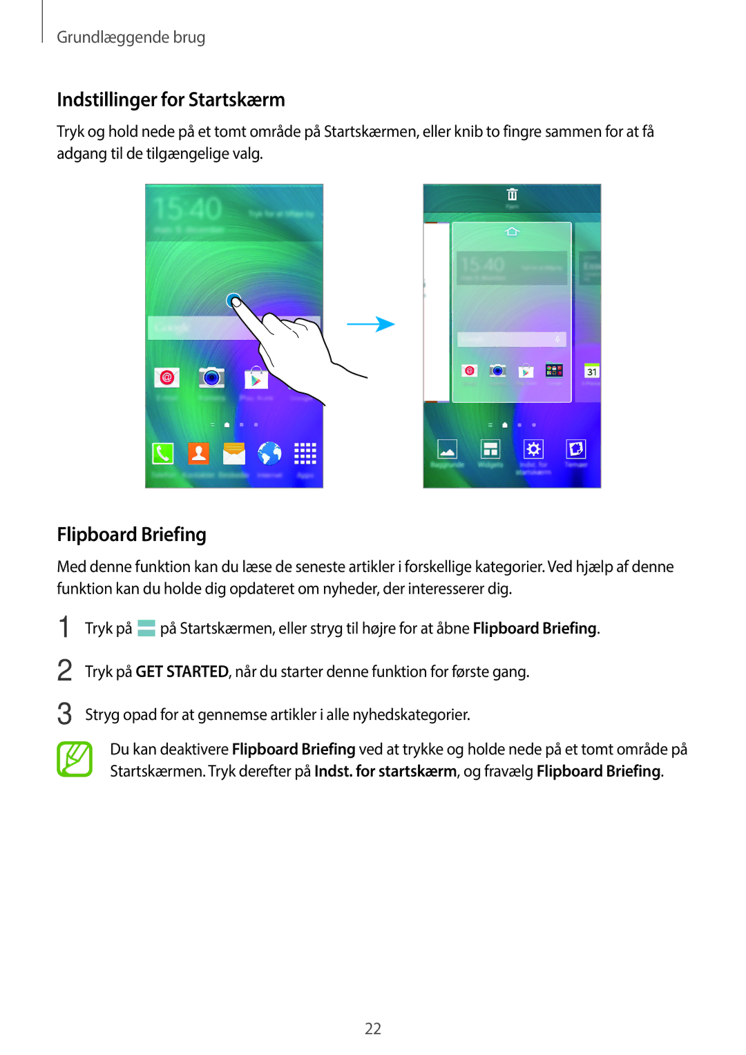 Samsung SM-A300FZKUHTS, SM-A300FZKUNEE, SM-A300FZWUTEN, SM-A300FZSUNEE manual Indstillinger for Startskærm, Flipboard Briefing 
