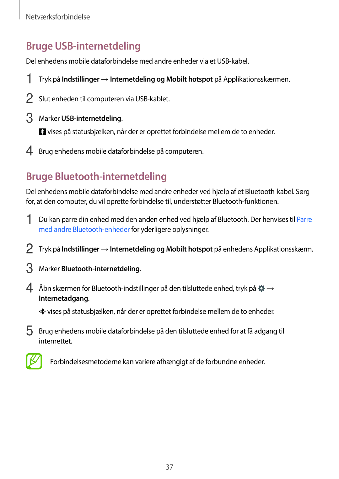 Samsung SM-A300FZBUNEE, SM-A300FZKUNEE Bruge USB-internetdeling, Bruge Bluetooth-internetdeling, Marker USB-internetdeling 