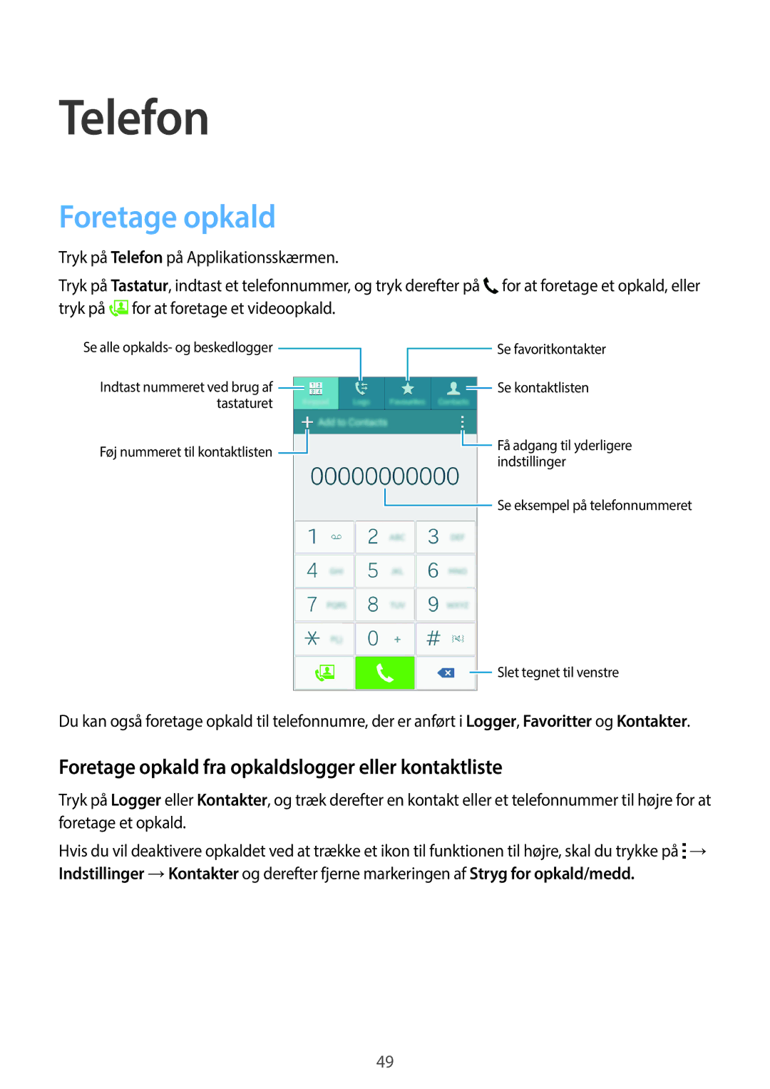 Samsung SM-A300FZKUVDS, SM-A300FZKUNEE, SM-A300FZWUTEN Telefon, Foretage opkald fra opkaldslogger eller kontaktliste 