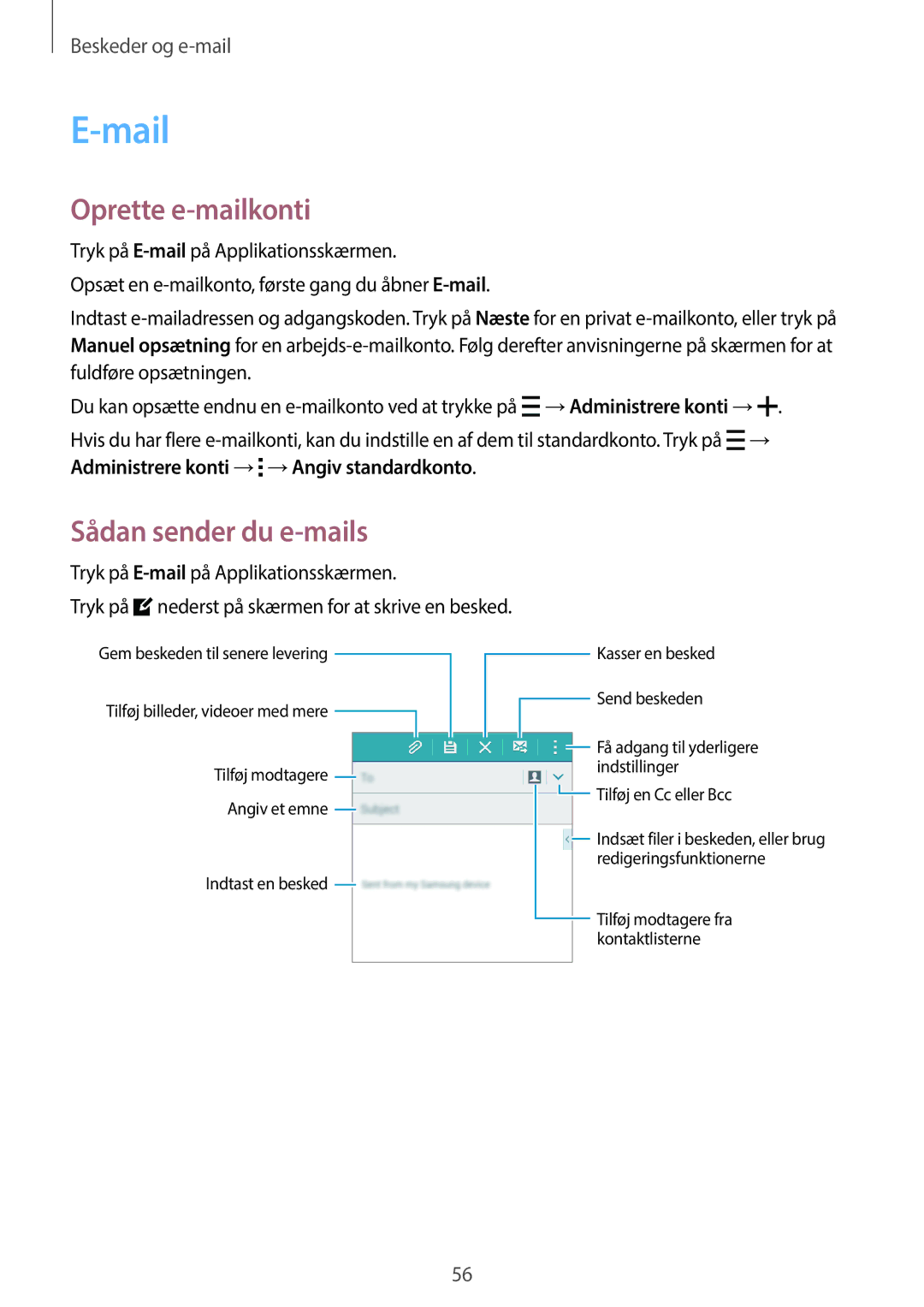 Samsung SM-A300FZKUHTS, SM-A300FZKUNEE, SM-A300FZWUTEN, SM-A300FZSUNEE Mail, Oprette e-mailkonti, Sådan sender du e-mails 