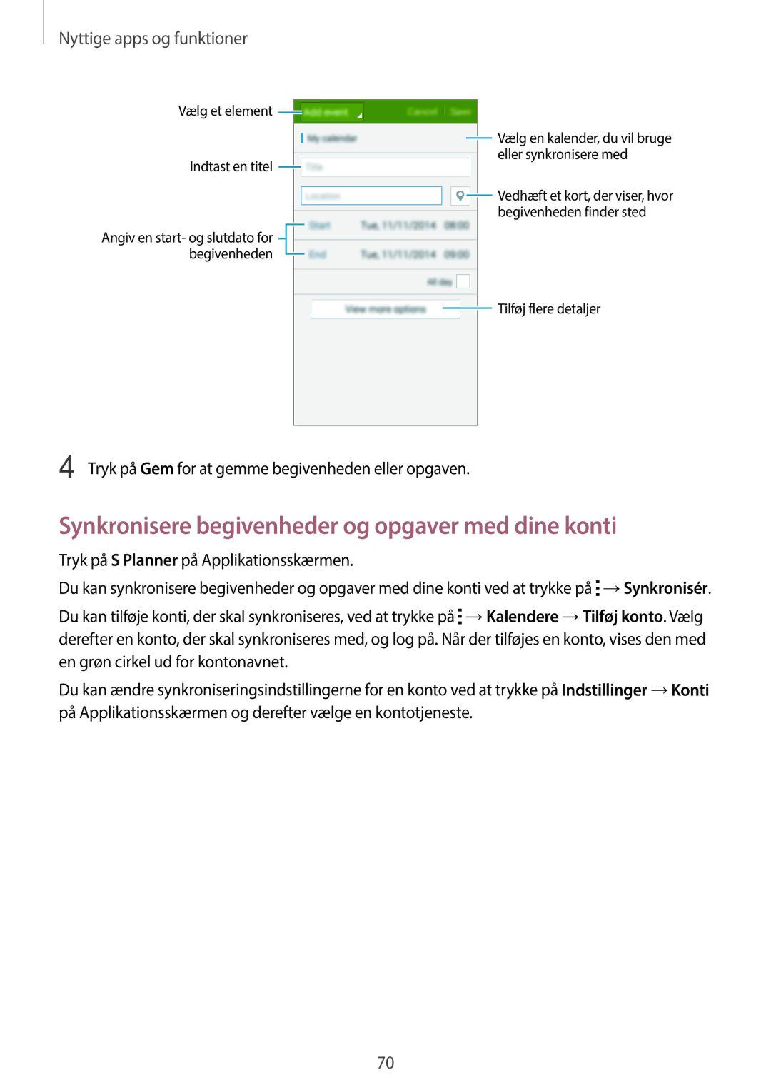 Samsung SM-A300FZSUNEE, SM-A300FZKUNEE Synkronisere begivenheder og opgaver med dine konti, Nyttige apps og funktioner 