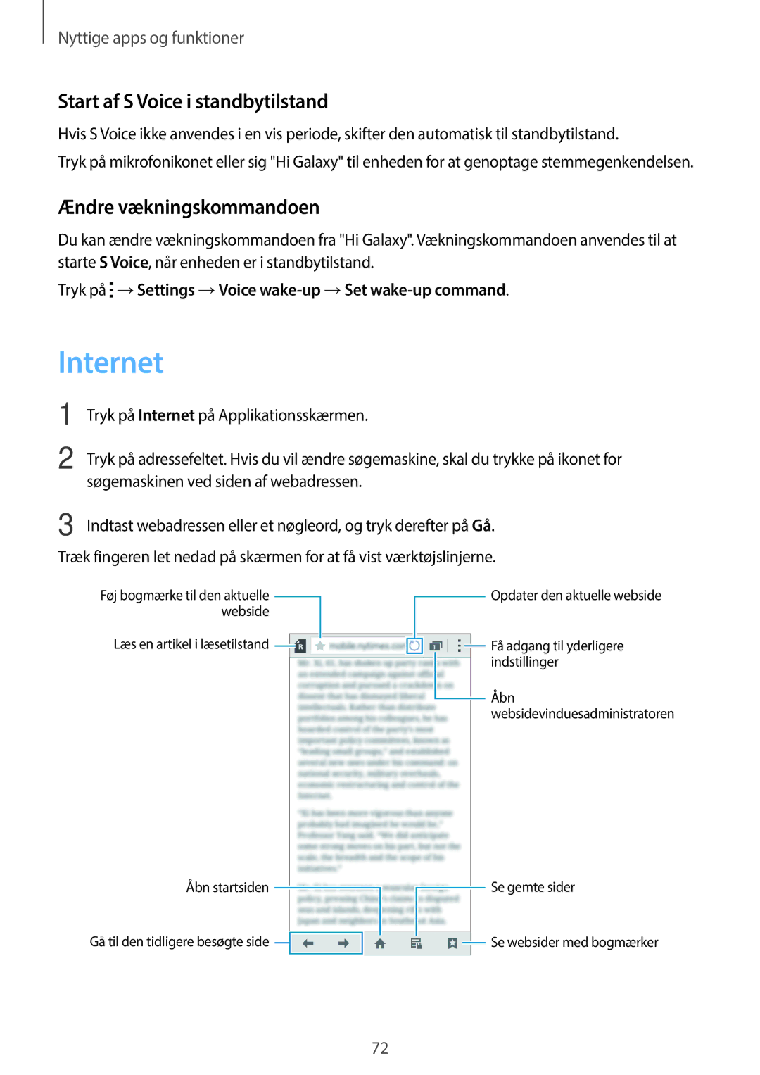 Samsung SM-A300FZSUTEN, SM-A300FZKUNEE manual Internet, Start af S Voice i standbytilstand, Ændre vækningskommandoen 