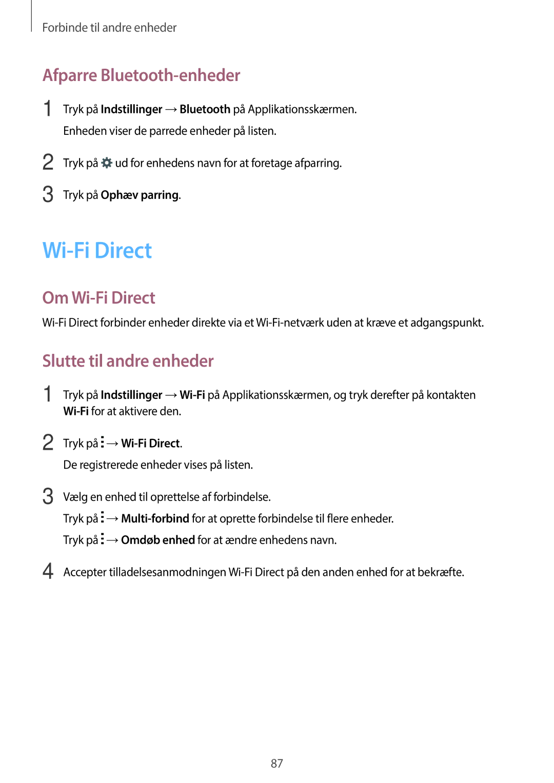 Samsung SM-A300FZSUNEE, SM-A300FZKUNEE manual Afparre Bluetooth-enheder, Om Wi-Fi Direct, Slutte til andre enheder 