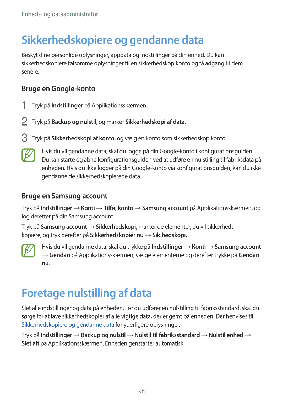 Samsung SM-A300FZWUNEE manual Sikkerhedskopiere og gendanne data, Foretage nulstilling af data, Bruge en Google-konto 