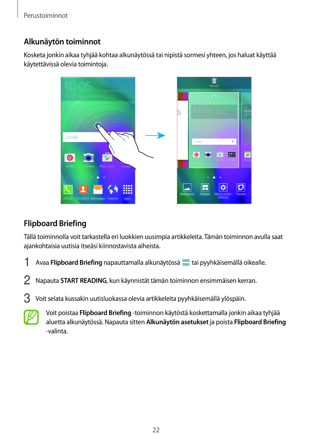 Samsung SM-A300FZKUHTS, SM-A300FZKUNEE, SM-A300FZWUTEN, SM-A300FZSUNEE manual Alkunäytön toiminnot, Flipboard Briefing 