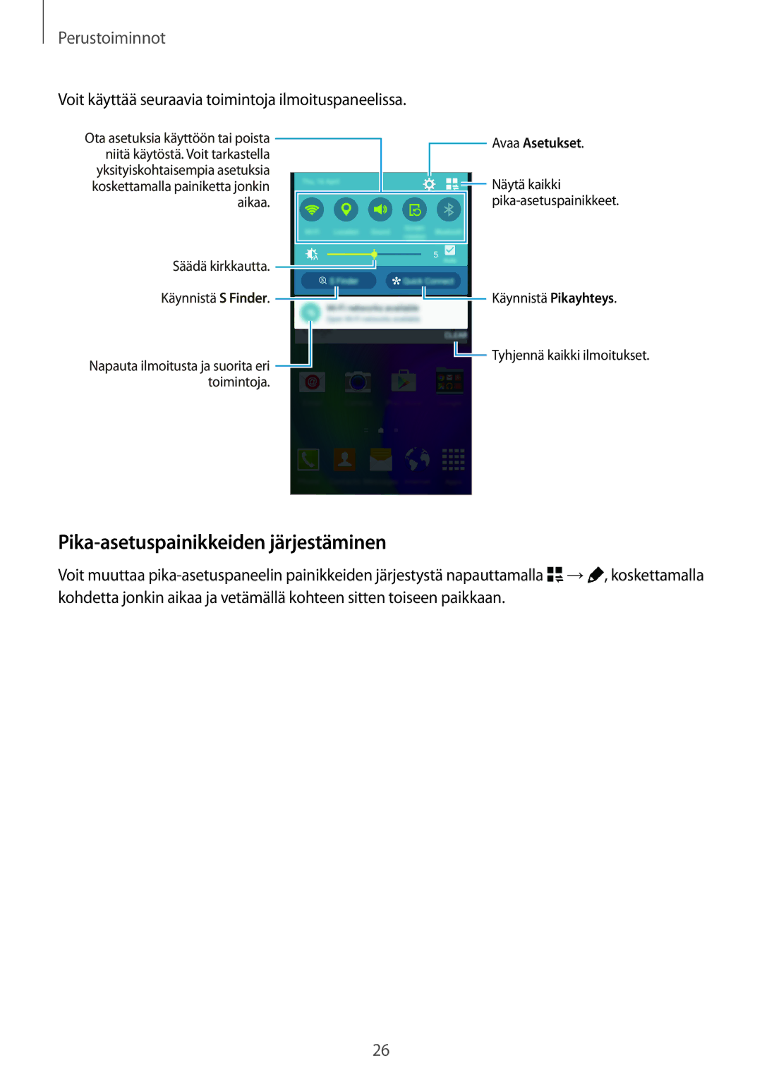 Samsung SM-A300FZDUNEE manual Pika-asetuspainikkeiden järjestäminen, Voit käyttää seuraavia toimintoja ilmoituspaneelissa 