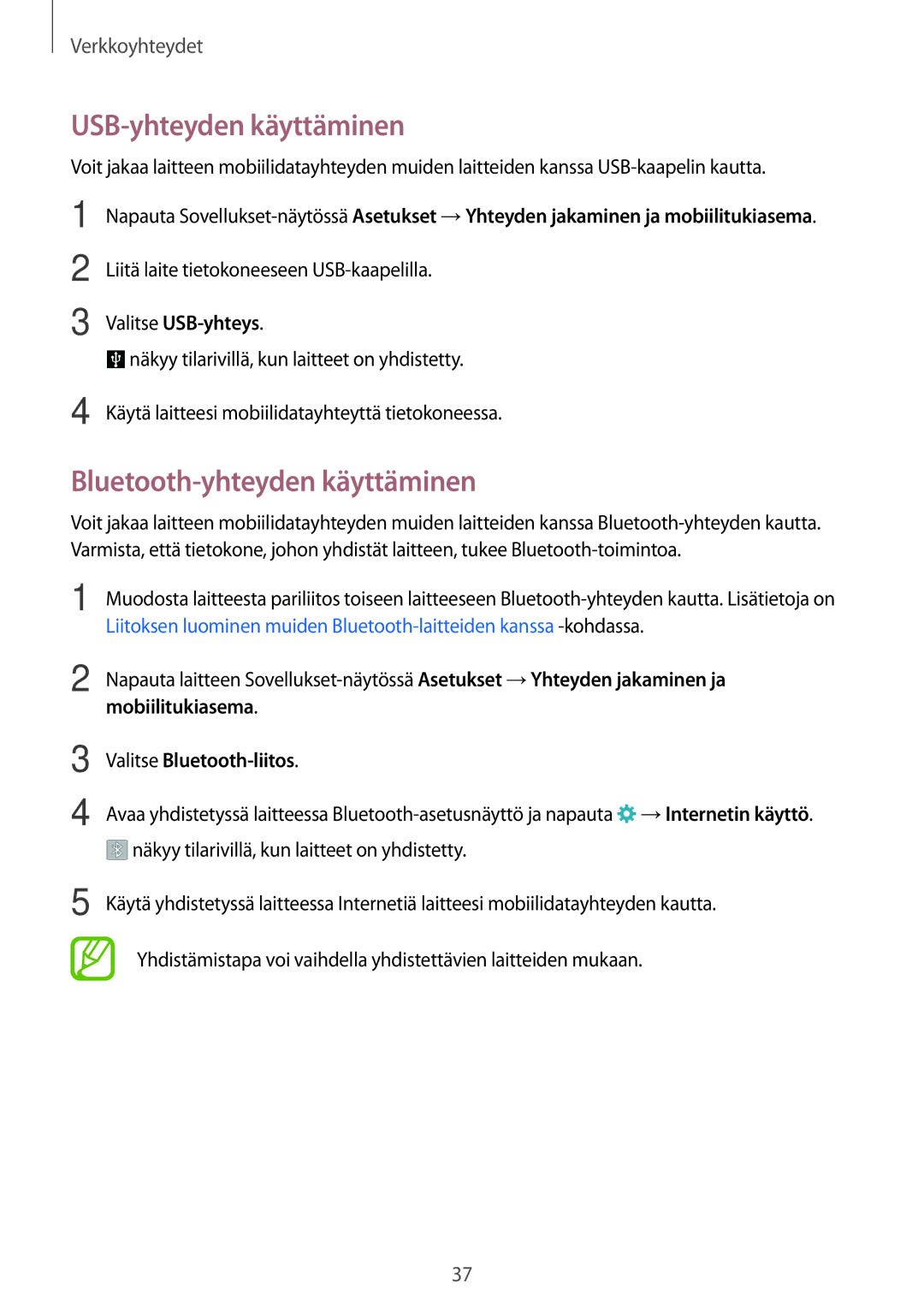 Samsung SM-A300FZBUNEE, SM-A300FZKUNEE manual USB-yhteyden käyttäminen, Bluetooth-yhteyden käyttäminen, Valitse USB-yhteys 