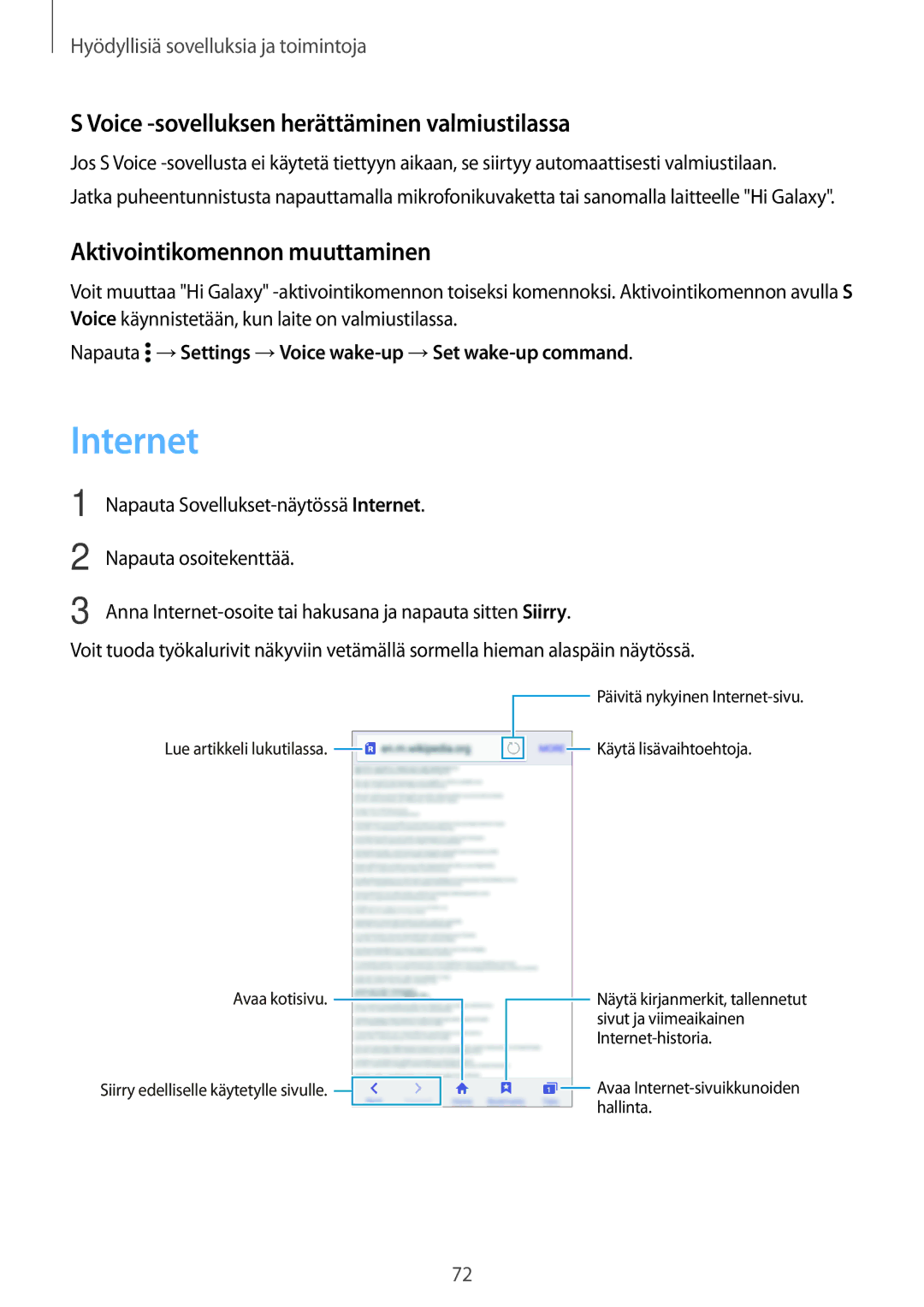 Samsung SM-A300FZSUTEN manual Internet, Voice -sovelluksen herättäminen valmiustilassa, Aktivointikomennon muuttaminen 