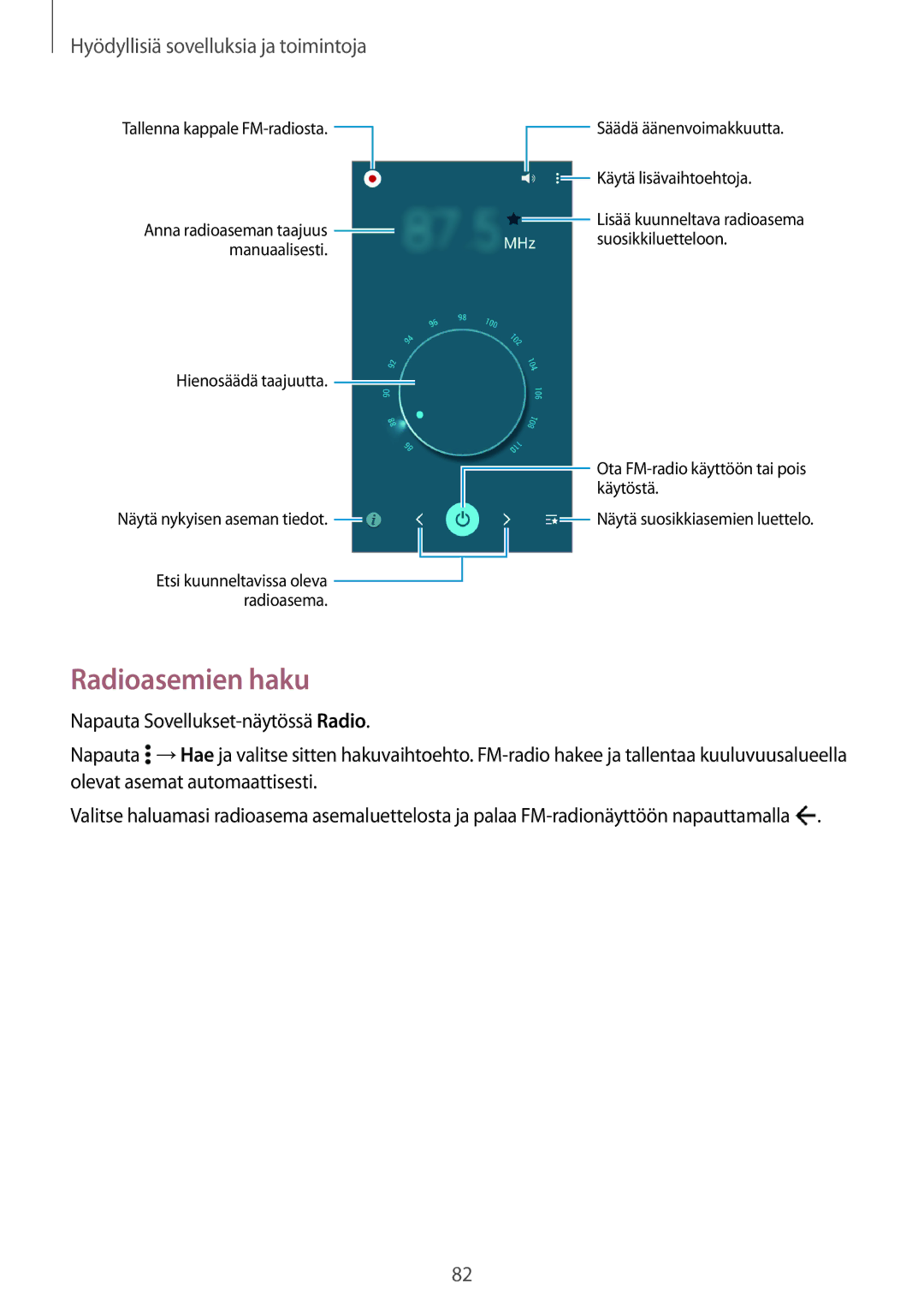 Samsung SM-A300FZKANEE, SM-A300FZKUNEE, SM-A300FZWUTEN, SM-A300FZSUNEE Radioasemien haku, Napauta Sovellukset-näytössä Radio 