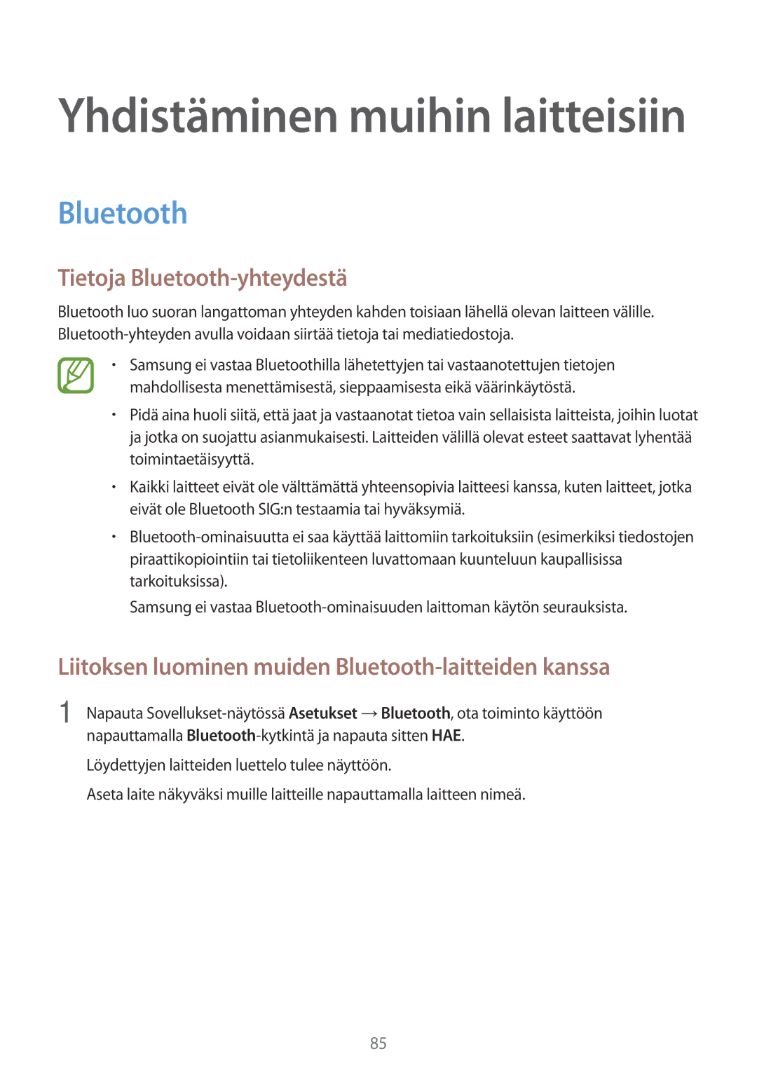 Samsung SM-A300FZKUNEE manual Tietoja Bluetooth-yhteydestä, Liitoksen luominen muiden Bluetooth-laitteiden kanssa 