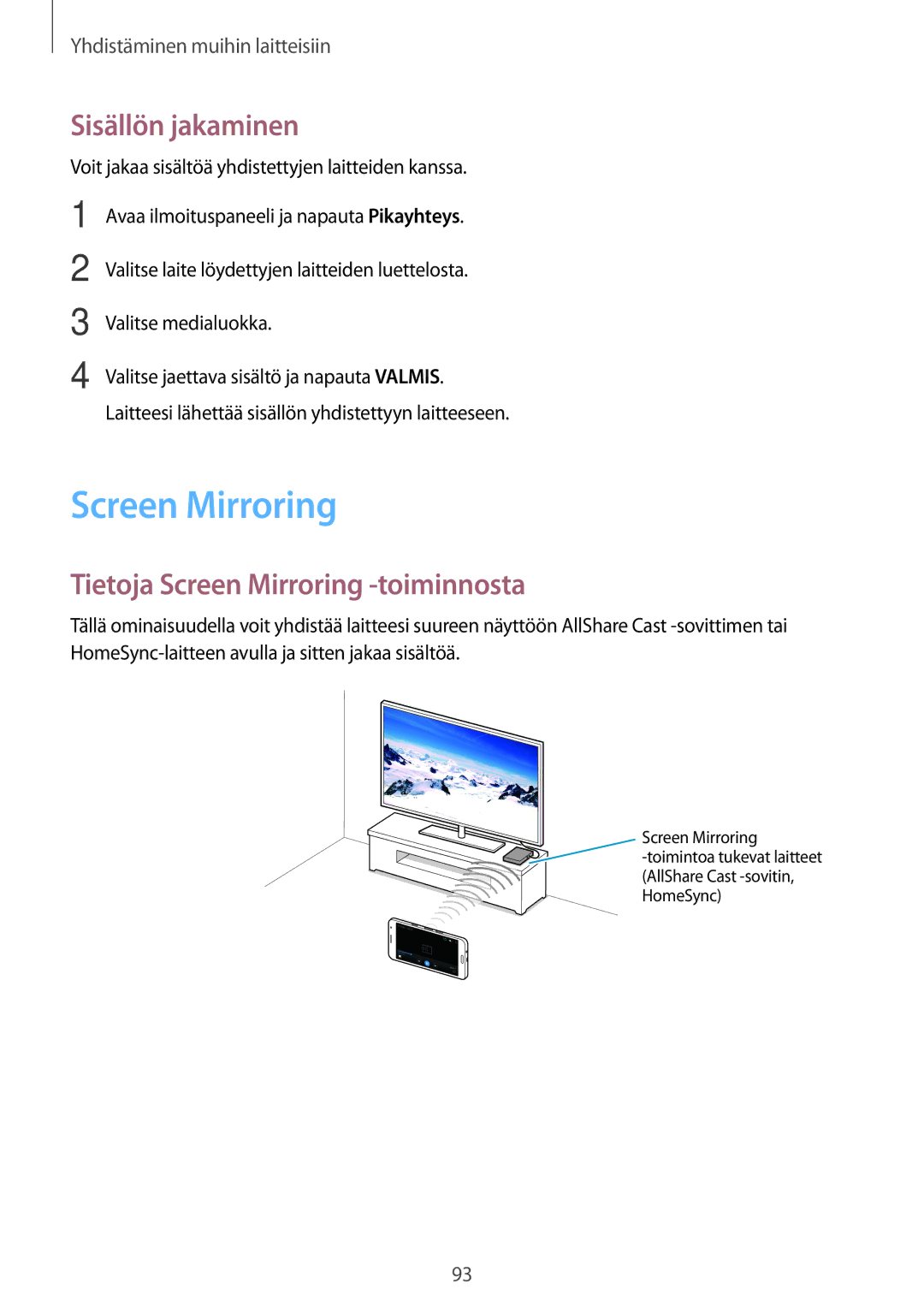 Samsung CG-A300FZWRNEE, SM-A300FZKUNEE, SM-A300FZWUTEN manual Sisällön jakaminen, Tietoja Screen Mirroring -toiminnosta 