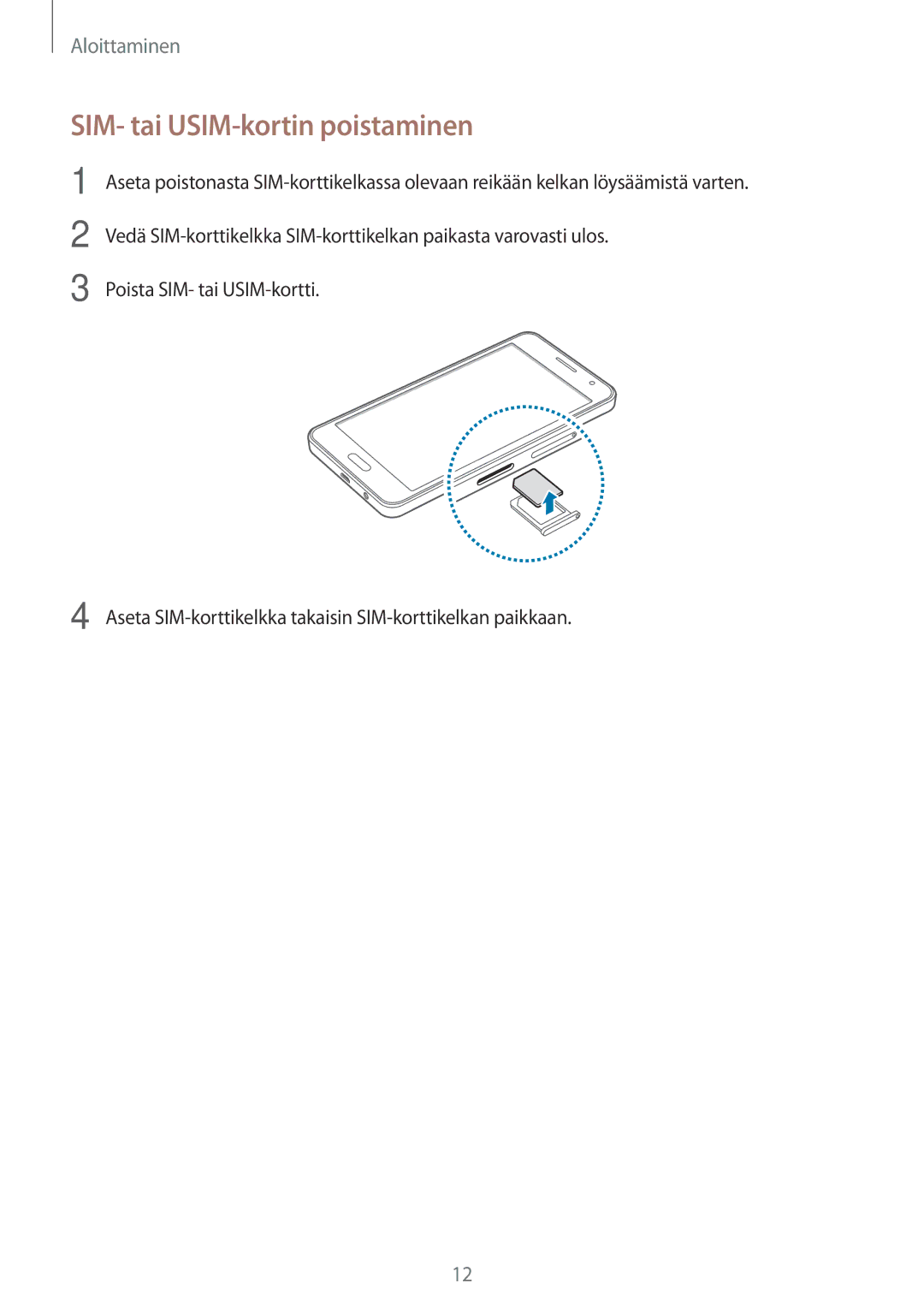 Samsung SM-A300FZIUNEE, SM-A300FZKUNEE, SM-A300FZWUTEN, SM-A300FZSUNEE, SM-A300FZBUNEE manual SIM- tai USIM-kortin poistaminen 