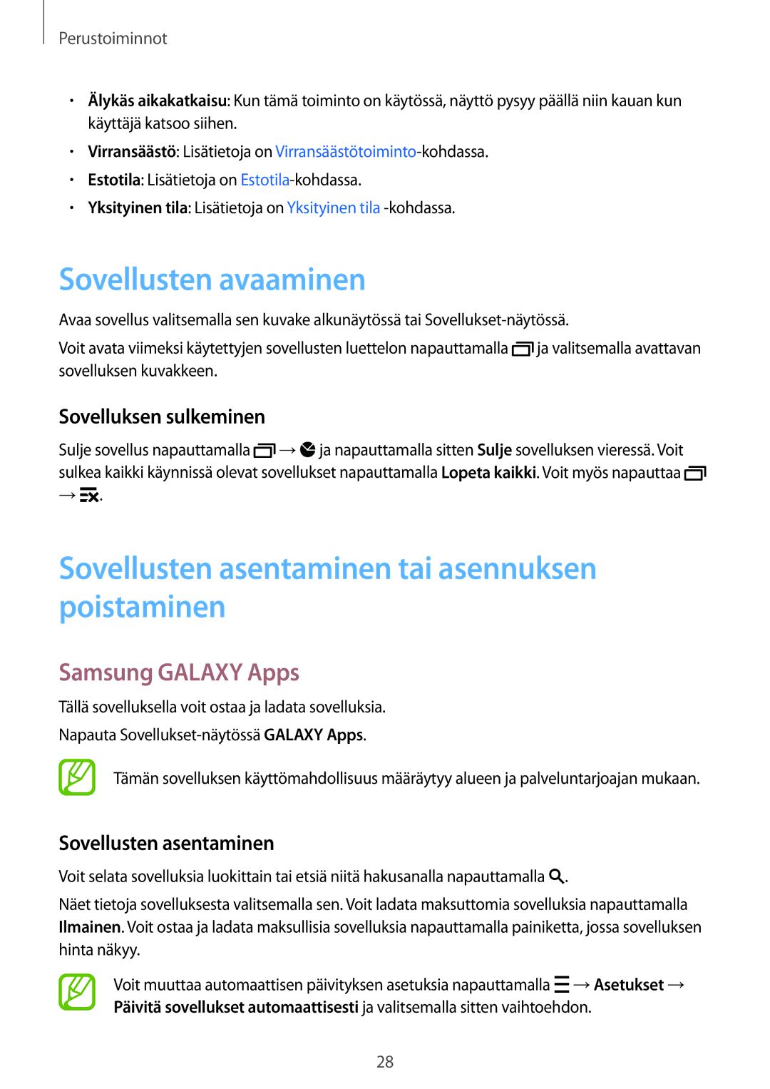 Samsung CG-A300FZKRNEE Sovellusten avaaminen, Sovellusten asentaminen tai asennuksen poistaminen, Samsung Galaxy Apps 