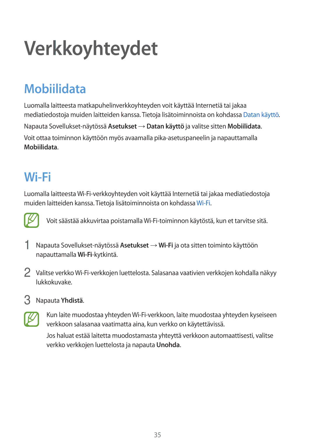 Samsung SM-A300FZWUTEN, SM-A300FZKUNEE, SM-A300FZSUNEE, SM-A300FZBUNEE, SM-A300FZSUTEN Verkkoyhteydet, Mobiilidata, Wi-Fi 