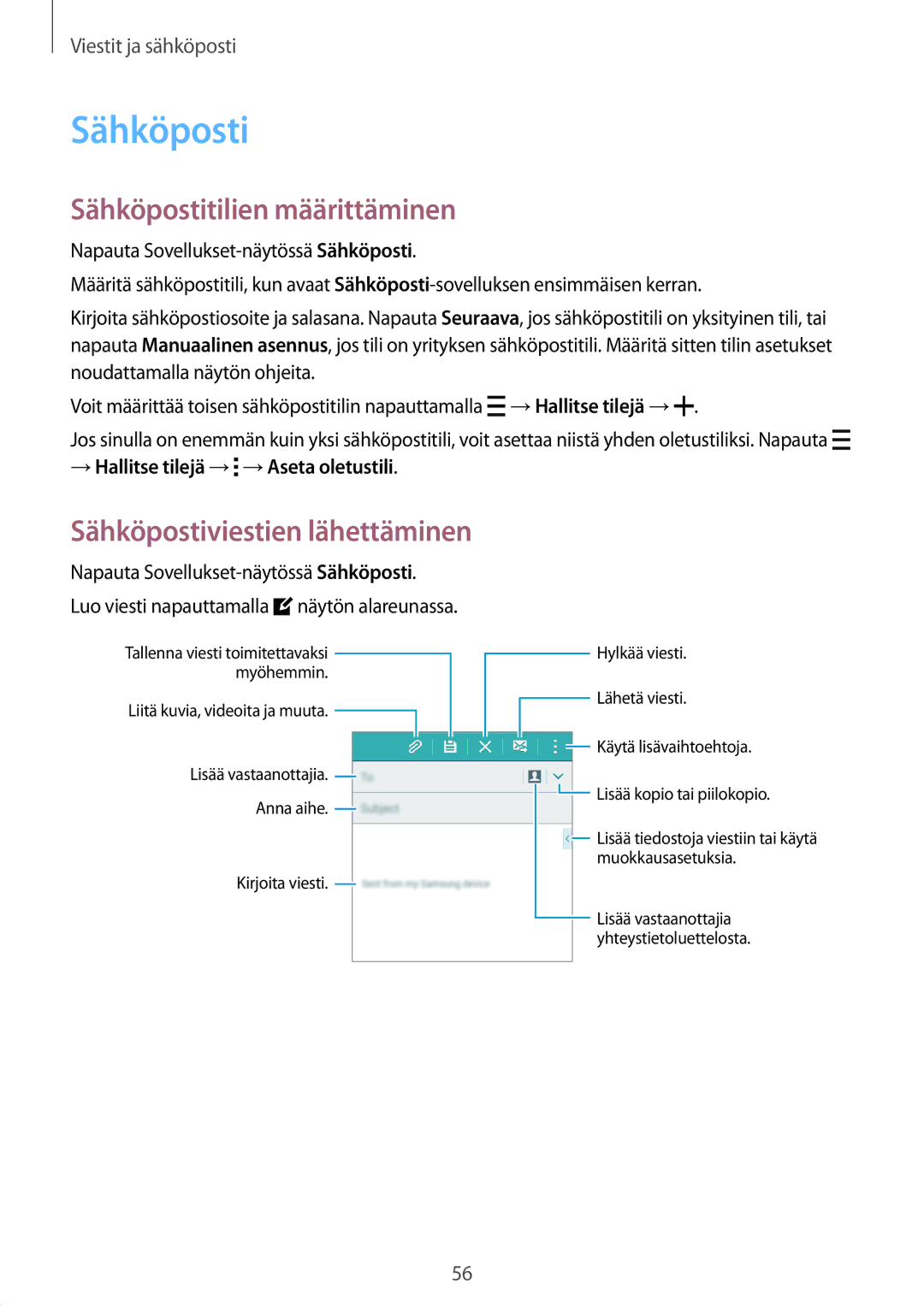 Samsung SM-A300FZKUHTS, SM-A300FZKUNEE manual Sähköpostitilien määrittäminen, → Hallitse tilejä → →Aseta oletustili 