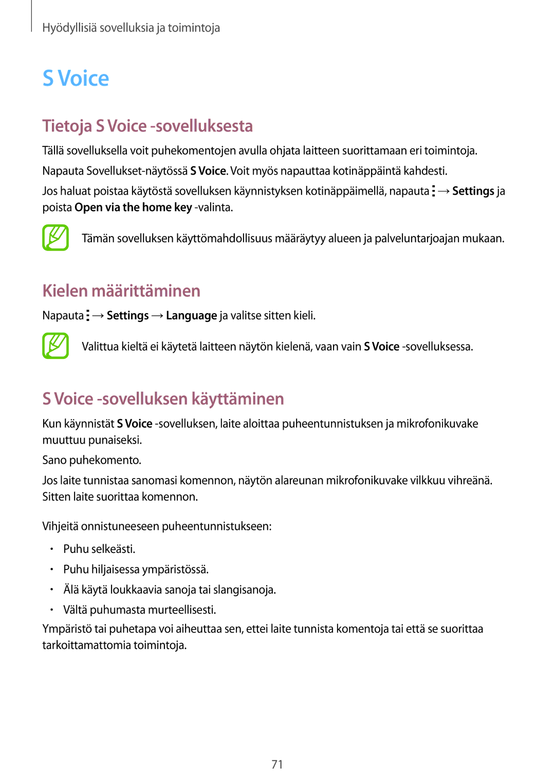 Samsung SM-A300FZBUNEE manual Tietoja S Voice -sovelluksesta, Kielen määrittäminen, Voice -sovelluksen käyttäminen 