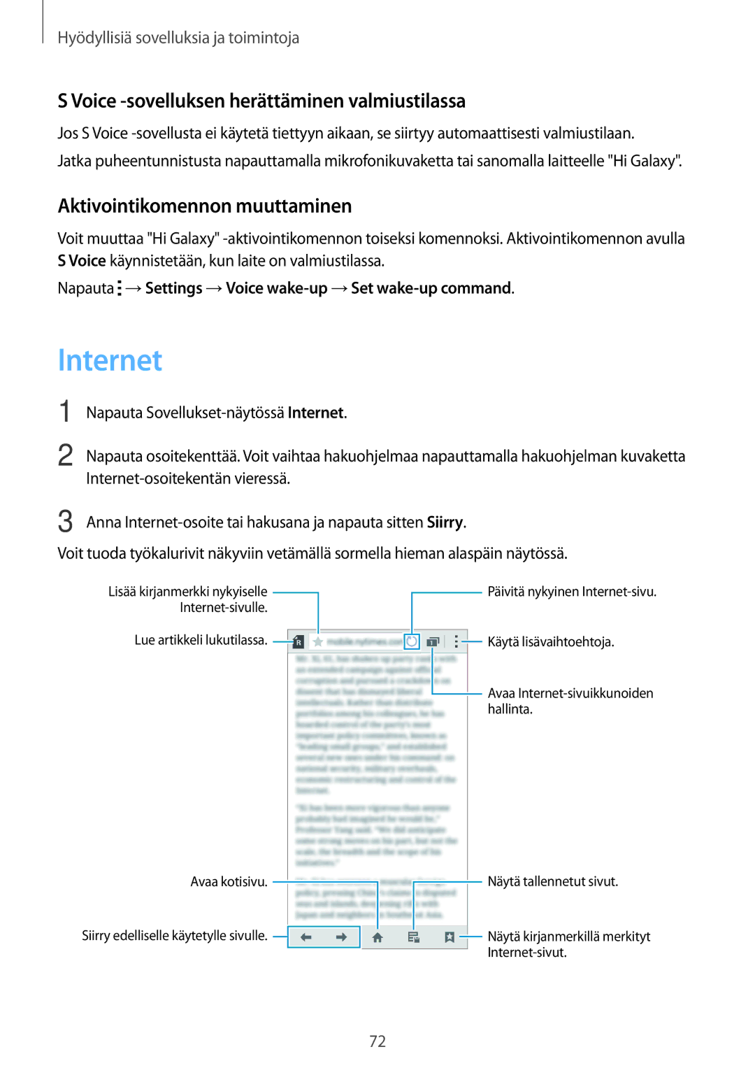 Samsung SM-A300FZSUTEN manual Internet, Voice -sovelluksen herättäminen valmiustilassa, Aktivointikomennon muuttaminen 