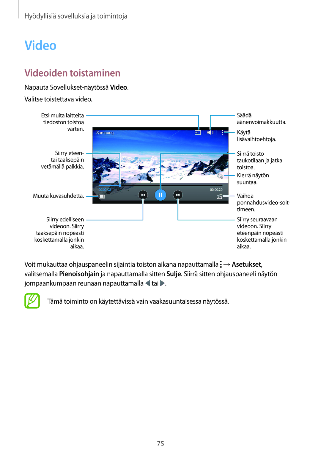 Samsung SM-A300FZWUVDS, SM-A300FZKUNEE, SM-A300FZWUTEN, SM-A300FZSUNEE, SM-A300FZBUNEE manual Videoiden toistaminen 