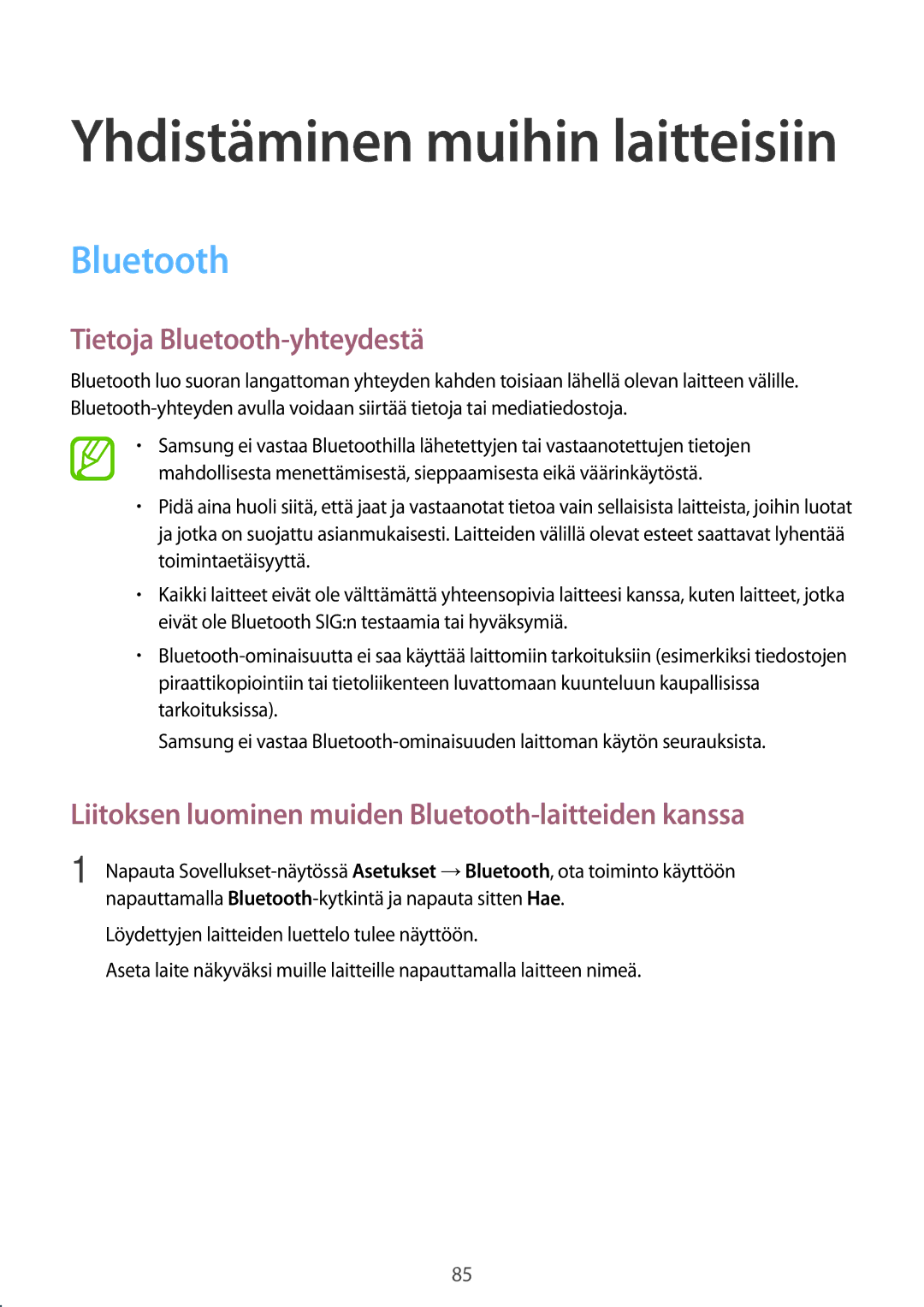 Samsung SM-A300FZKUNEE manual Tietoja Bluetooth-yhteydestä, Liitoksen luominen muiden Bluetooth-laitteiden kanssa 