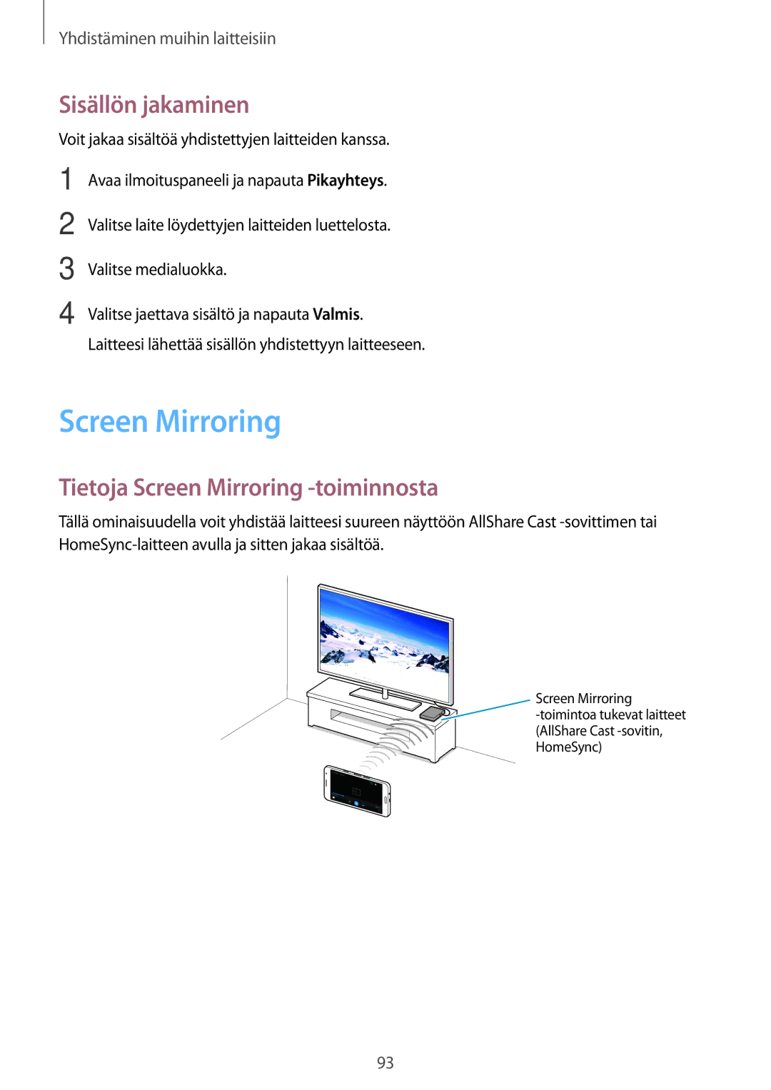 Samsung CG-A300FZWRNEE, SM-A300FZKUNEE, SM-A300FZWUTEN manual Sisällön jakaminen, Tietoja Screen Mirroring -toiminnosta 