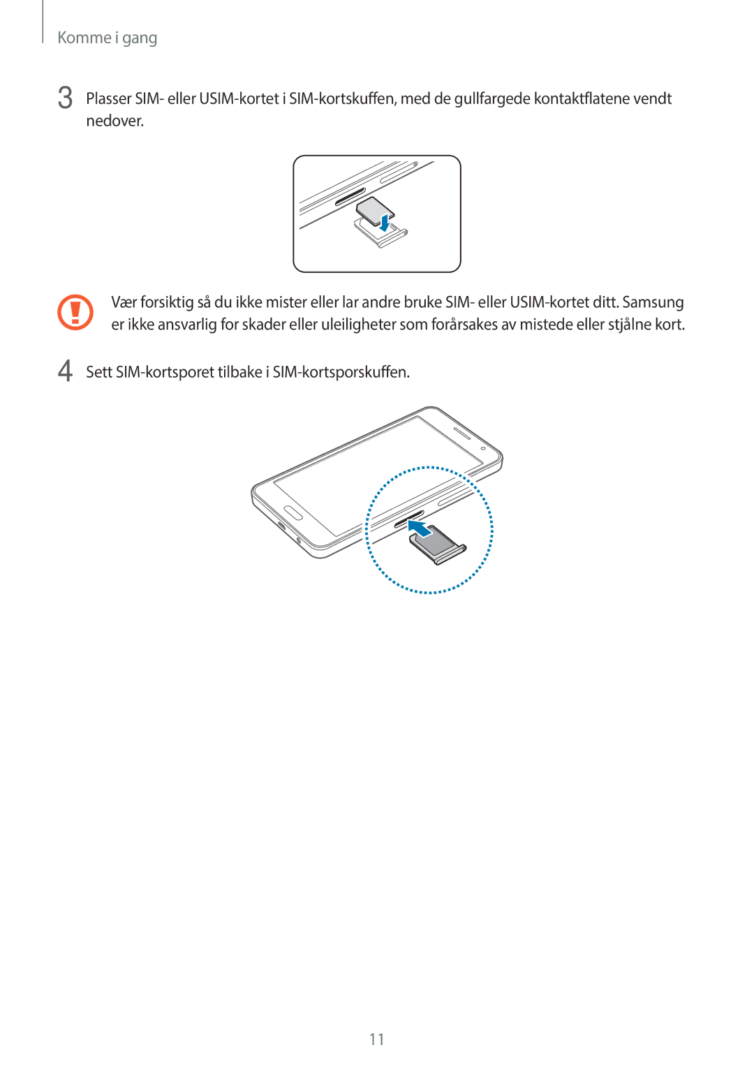 Samsung CG-A300FZKRNEE, SM-A300FZKUNEE, SM-A300FZWUTEN, SM-A300FZSUNEE Sett SIM-kortsporet tilbake i SIM-kortsporskuffen 