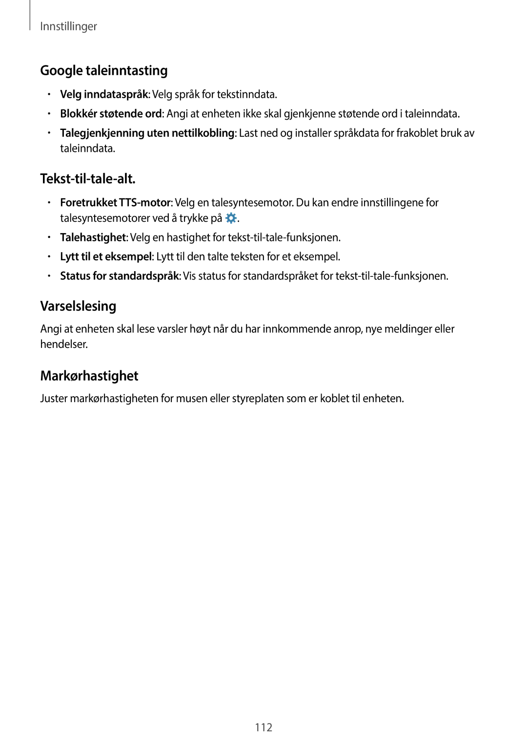 Samsung SM-A300FZWANEE, SM-A300FZKUNEE manual Google taleinntasting, Tekst-til-tale-alt, Varselslesing, Markørhastighet 