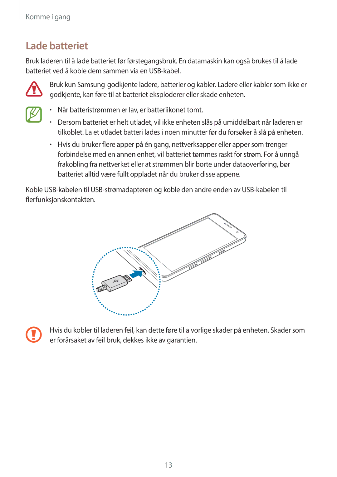 Samsung SM-A300FZWUNEE, SM-A300FZKUNEE, SM-A300FZWUTEN Lade batteriet, Når batteristrømmen er lav, er batteriikonet tomt 