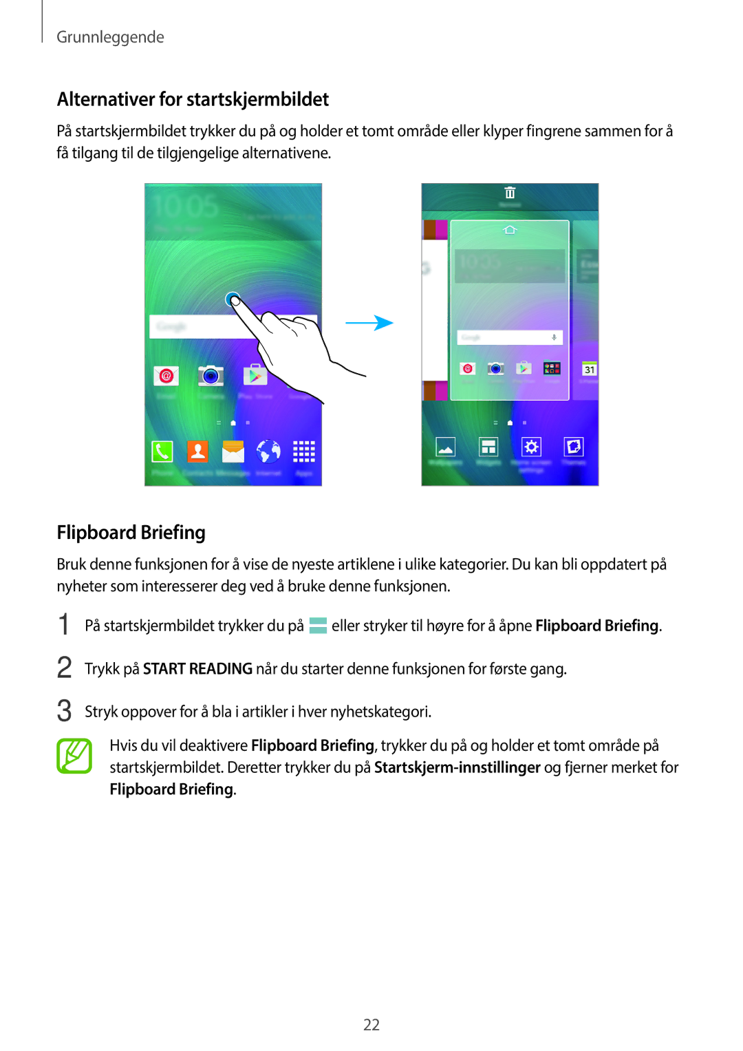 Samsung SM-A300FZKUHTS, SM-A300FZKUNEE, SM-A300FZWUTEN manual Alternativer for startskjermbildet, Flipboard Briefing 