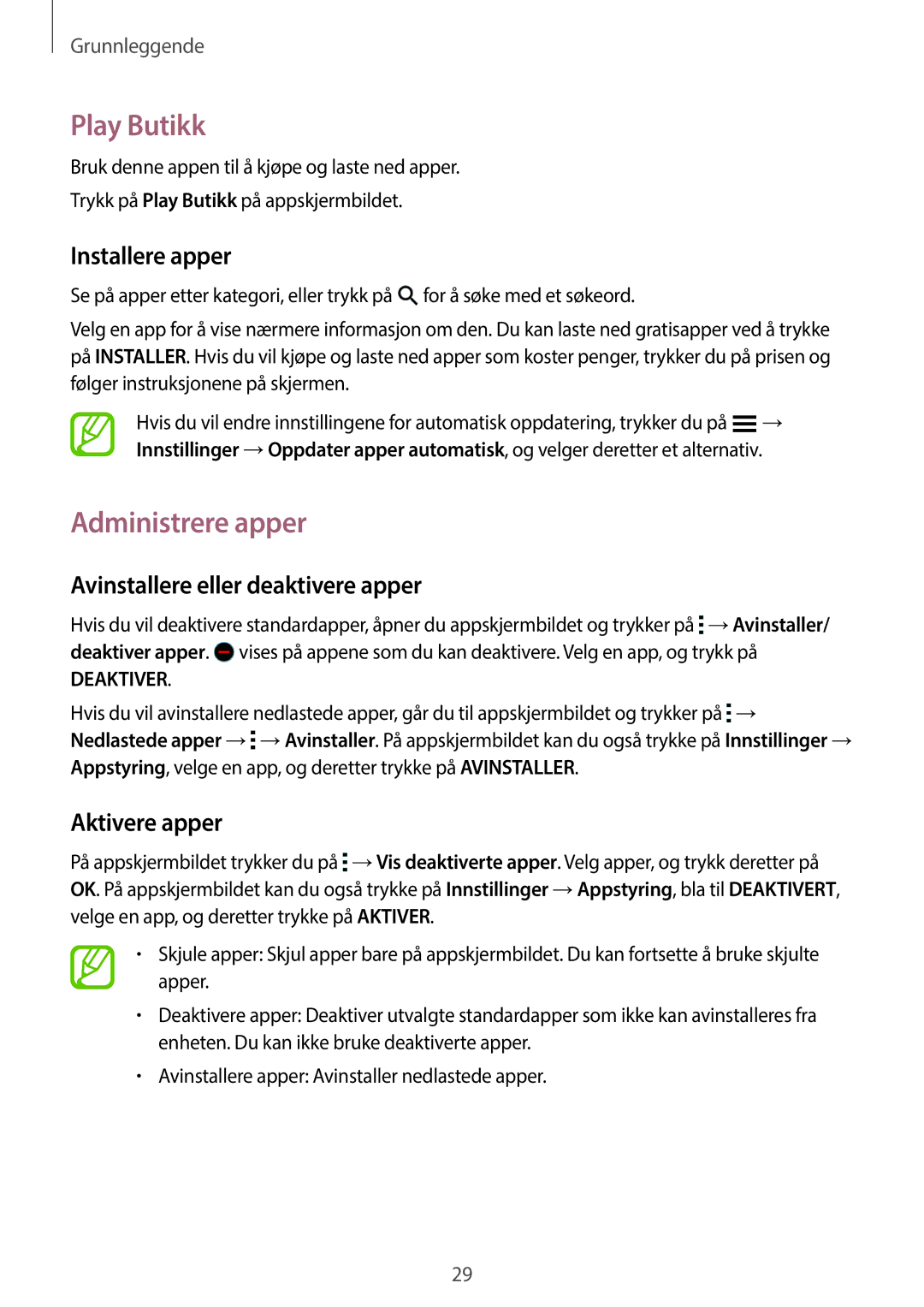 Samsung SM-A300FZIUNEE manual Play Butikk, Administrere apper, Avinstallere eller deaktivere apper, Aktivere apper 
