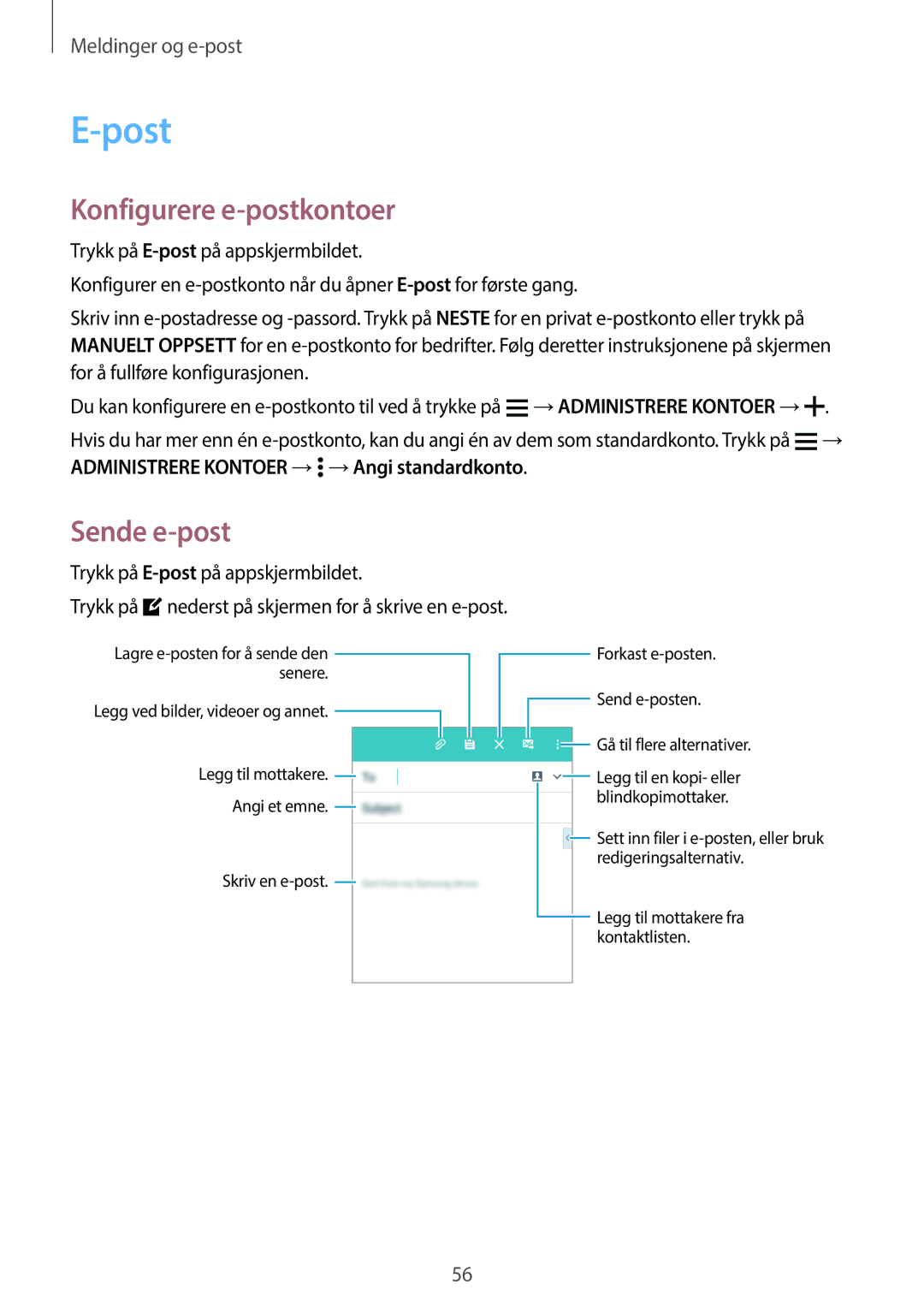 Samsung SM-A300FZKUHTS, SM-A300FZKUNEE, SM-A300FZWUTEN, SM-A300FZSUNEE manual Post, Konfigurere e-postkontoer, Sende e-post 