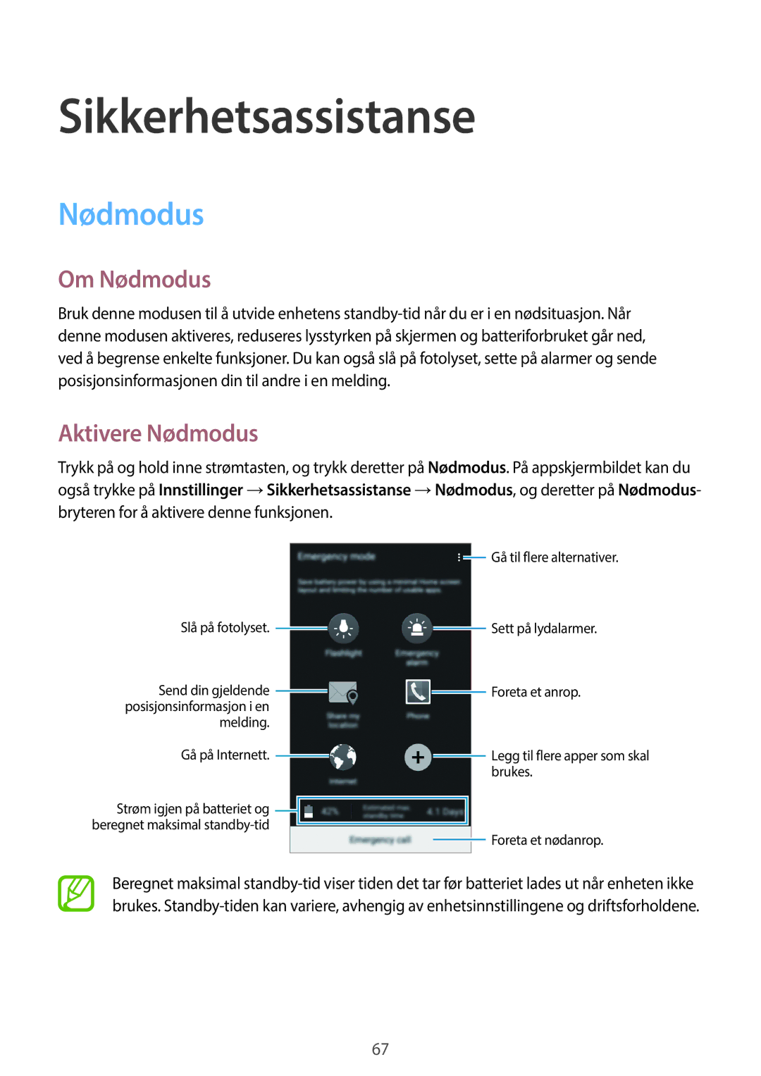 Samsung SM-A300FZWUHTS, SM-A300FZKUNEE, SM-A300FZWUTEN manual Sikkerhetsassistanse, Om Nødmodus, Aktivere Nødmodus 