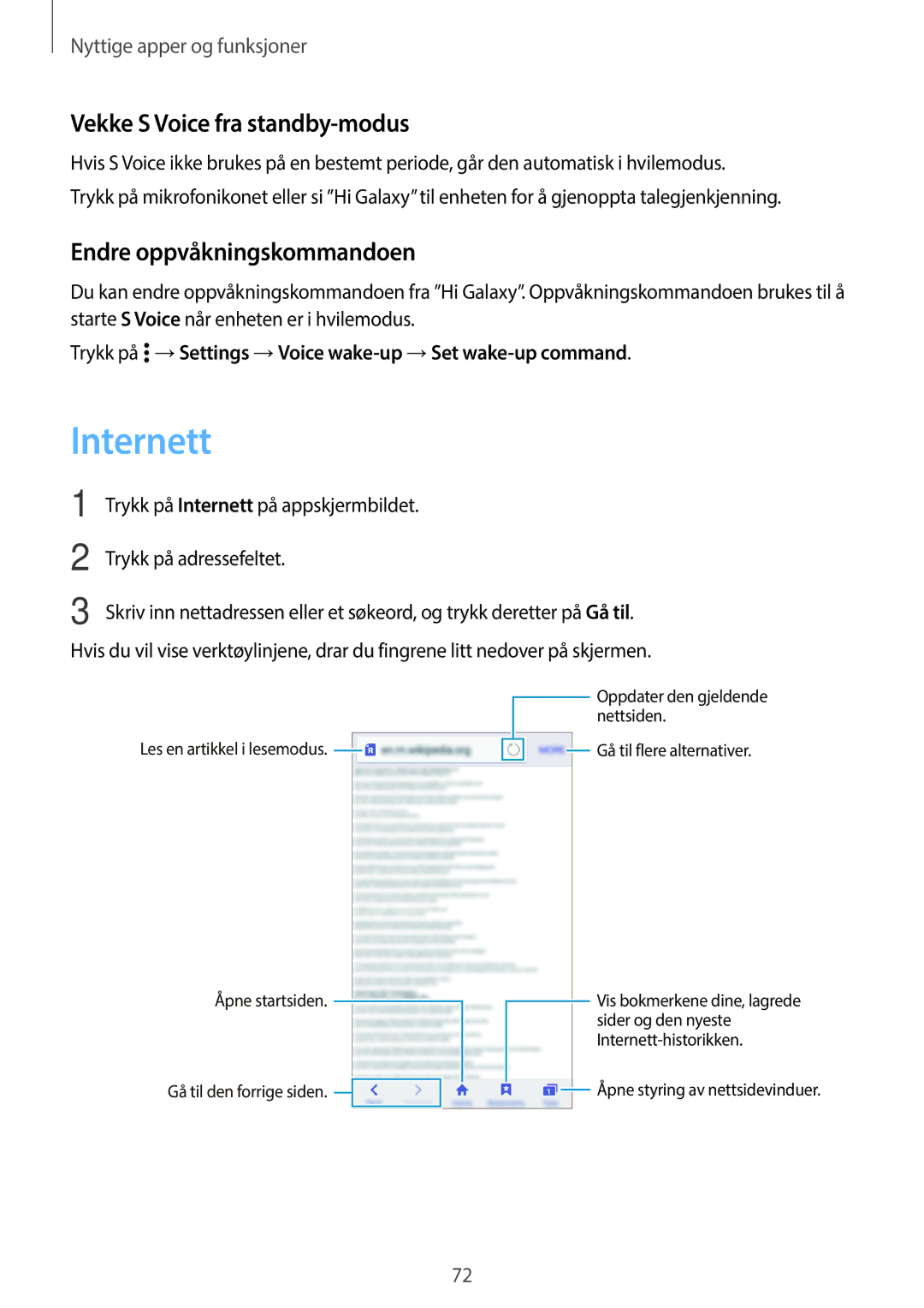 Samsung SM-A300FZSUTEN, SM-A300FZKUNEE manual Internett, Vekke S Voice fra standby-modus, Endre oppvåkningskommandoen 