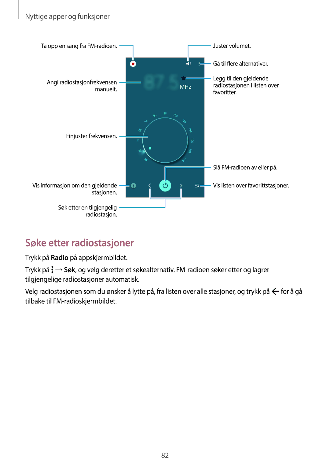 Samsung SM-A300FZKANEE, SM-A300FZKUNEE, SM-A300FZWUTEN, SM-A300FZSUNEE, SM-A300FZBUNEE manual Søke etter radiostasjoner 