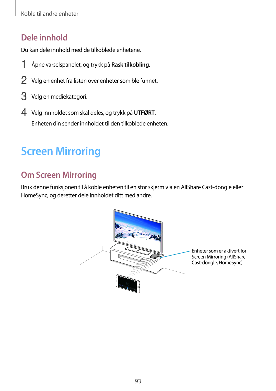 Samsung CG-A300FZWRNEE, SM-A300FZKUNEE, SM-A300FZWUTEN, SM-A300FZSUNEE, SM-A300FZBUNEE Dele innhold, Om Screen Mirroring 