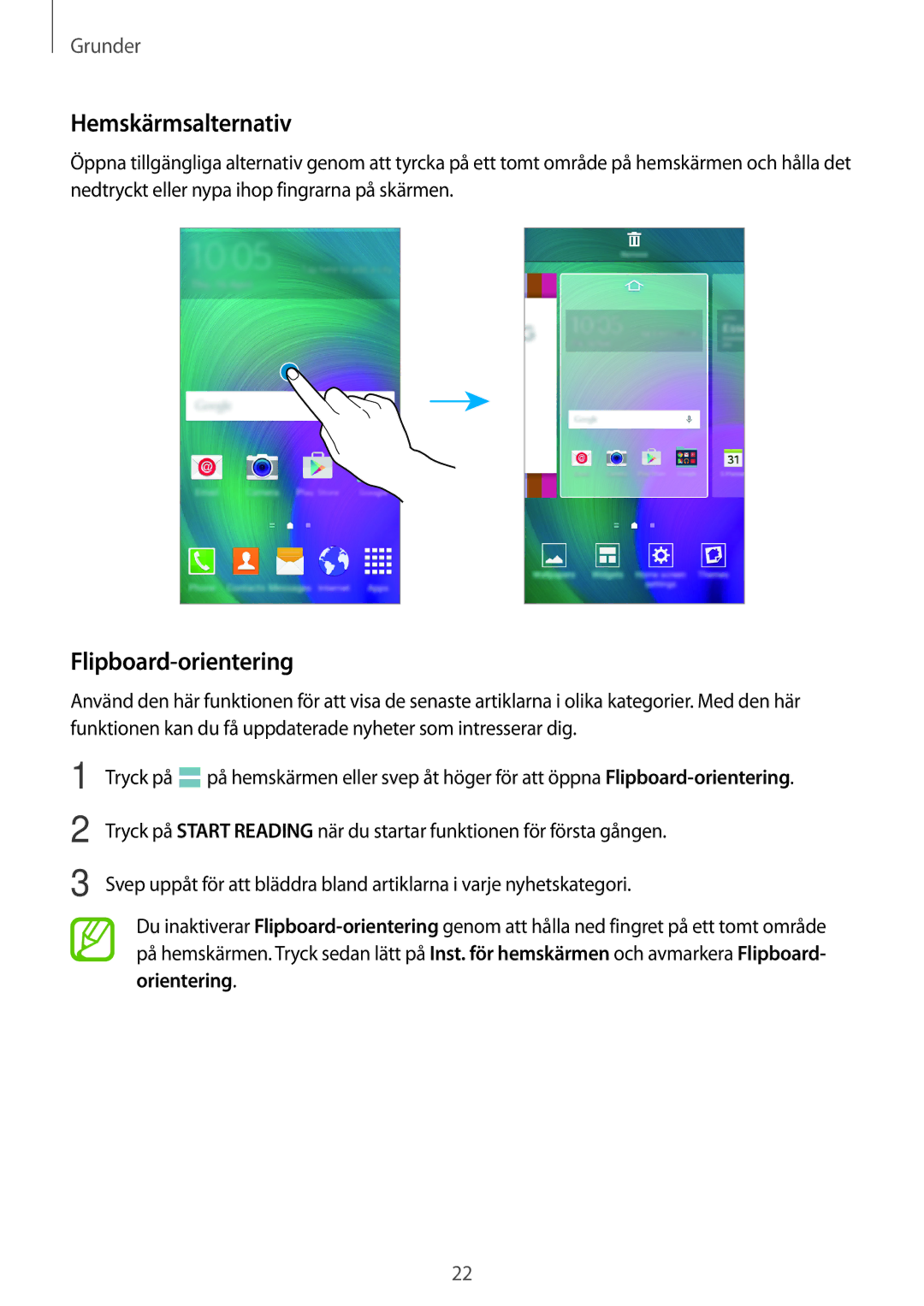 Samsung SM-A300FZKUHTS, SM-A300FZKUNEE, SM-A300FZWUTEN, SM-A300FZSUNEE manual Hemskärmsalternativ, Flipboard-orientering 