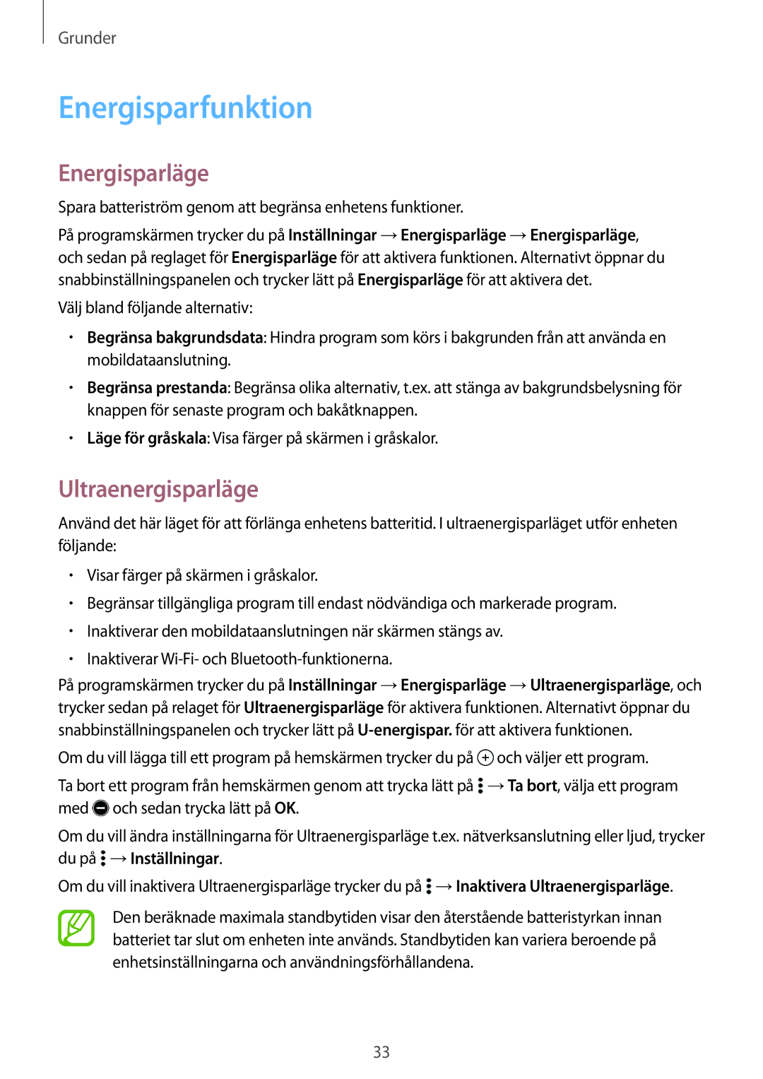 Samsung SM-A300FZWUHTS, SM-A300FZKUNEE, SM-A300FZWUTEN manual Energisparfunktion, Energisparläge, Ultraenergisparläge 