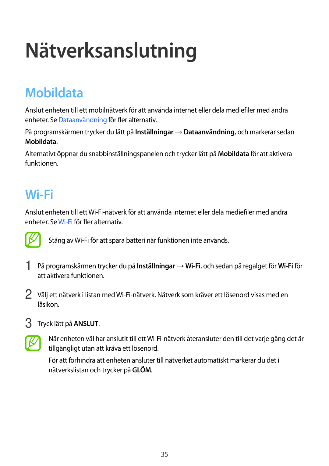 Samsung SM-A300FZWUTEN, SM-A300FZKUNEE, SM-A300FZSUNEE, SM-A300FZBUNEE, SM-A300FZSUTEN Nätverksanslutning, Mobildata, Wi-Fi 