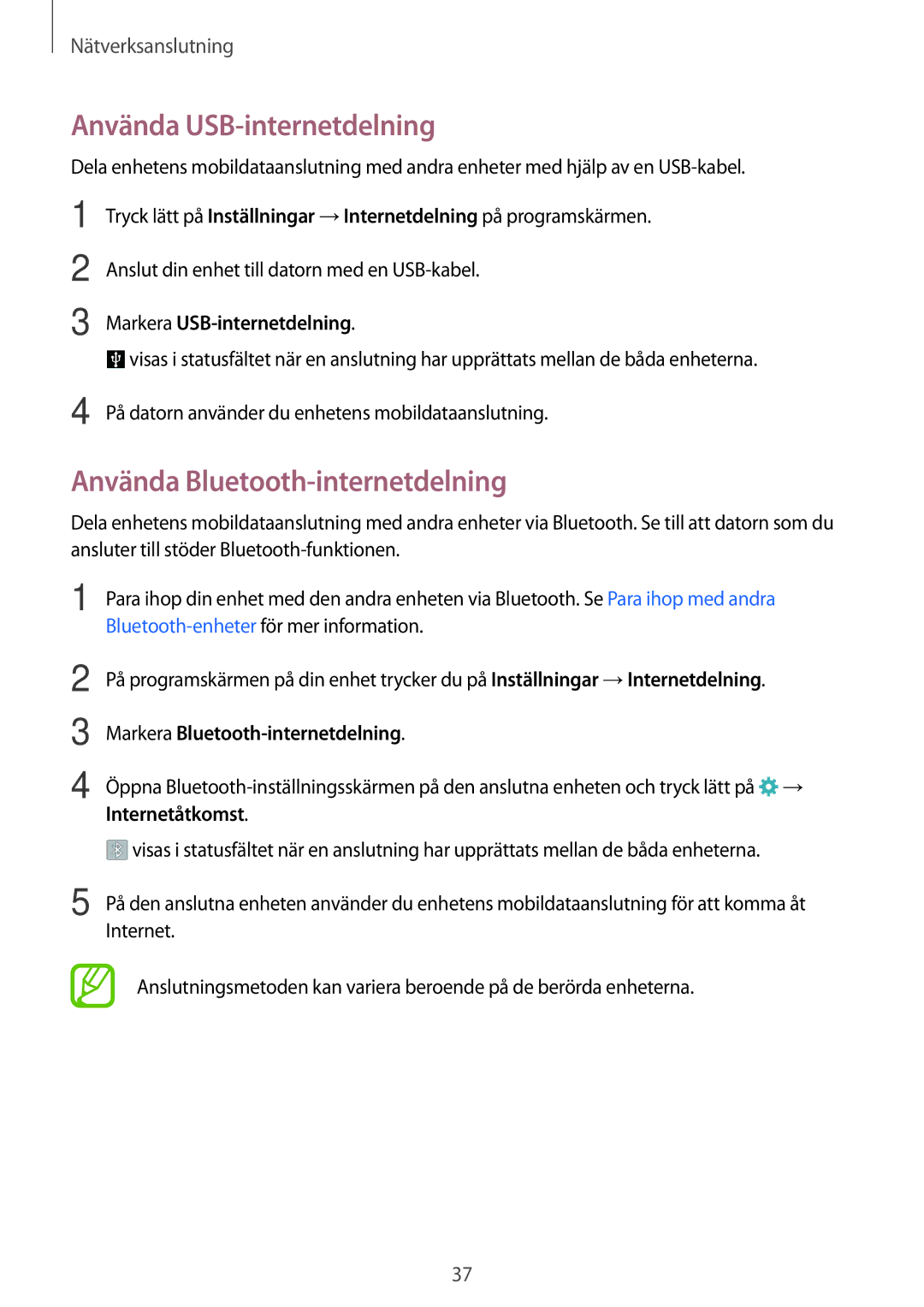 Samsung SM-A300FZBUNEE manual Använda USB-internetdelning, Använda Bluetooth-internetdelning, Markera USB-internetdelning 