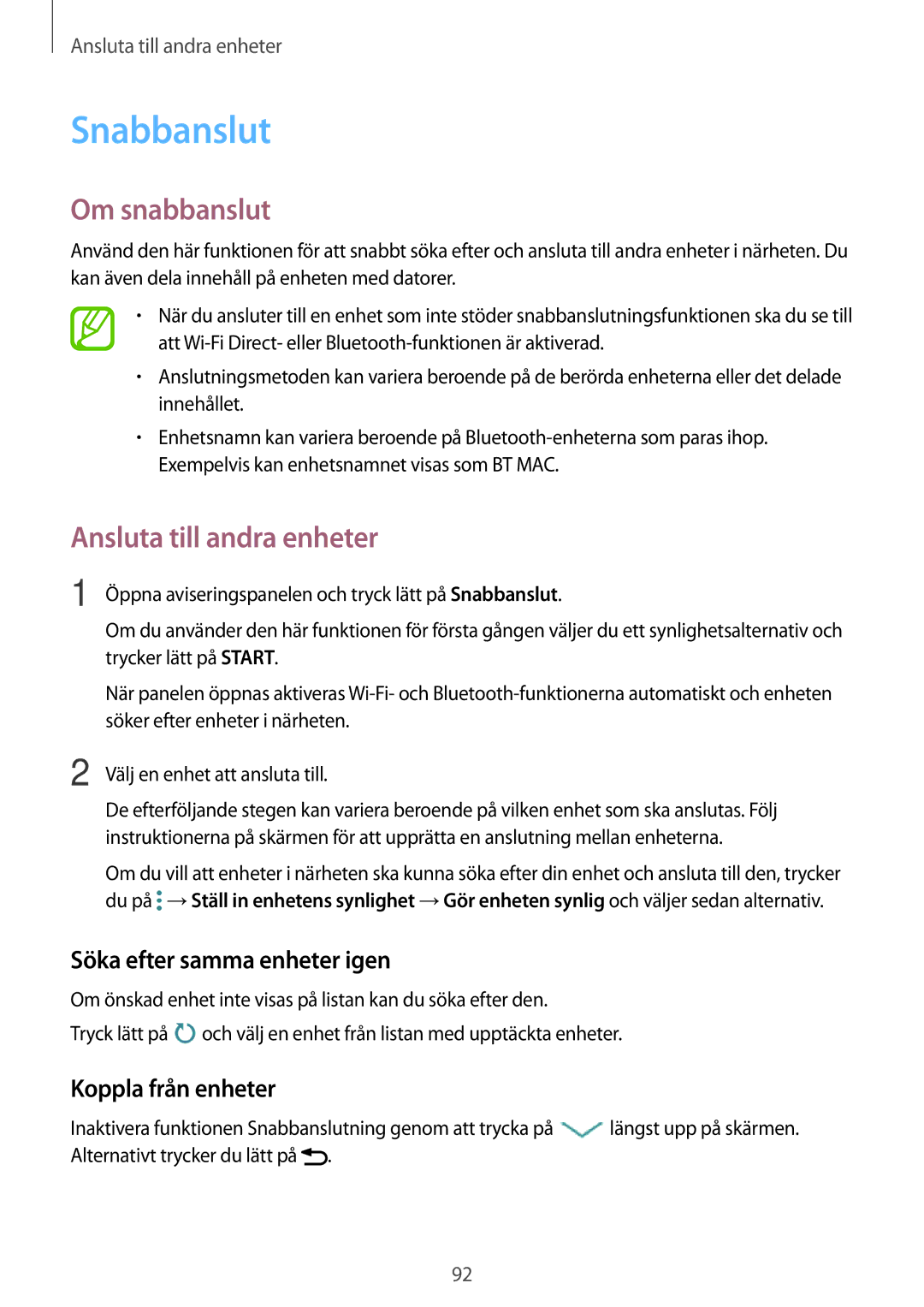 Samsung SM-A300FZWUVDS, SM-A300FZKUNEE Snabbanslut, Om snabbanslut, Söka efter samma enheter igen, Koppla från enheter 