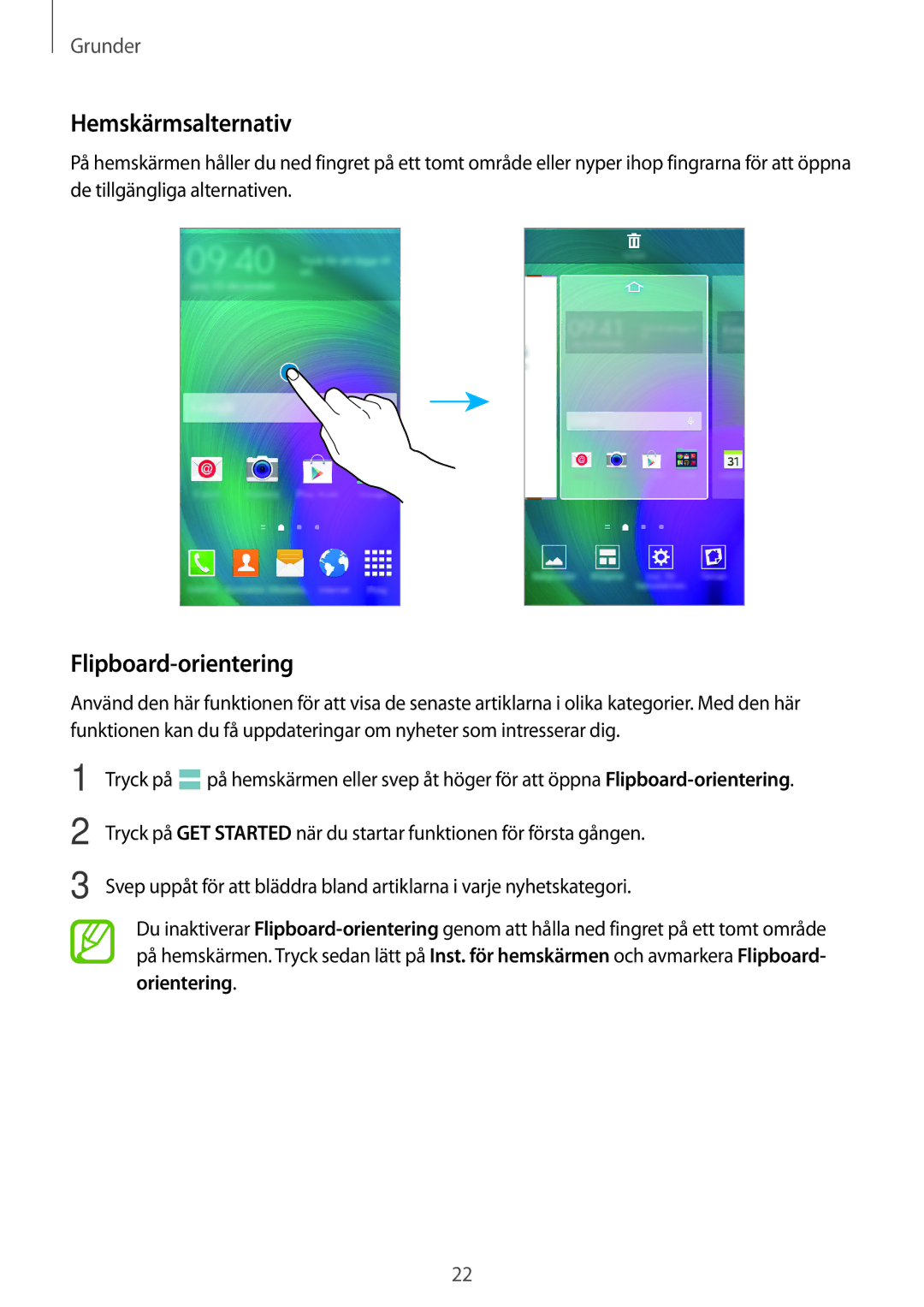 Samsung SM-A300FZKUHTS, SM-A300FZKUNEE, SM-A300FZWUTEN, SM-A300FZSUNEE manual Hemskärmsalternativ, Flipboard-orientering 